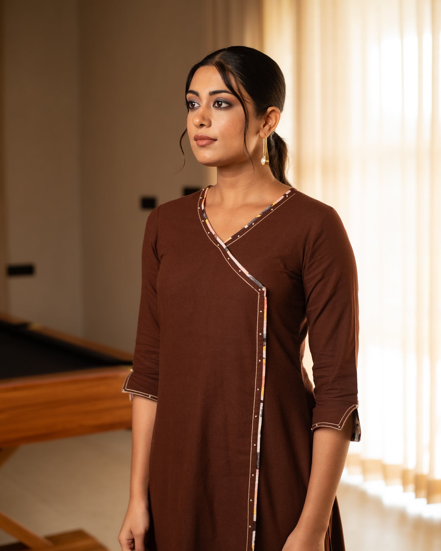 BROWN WITH MULTICOLOURED PANT COTTON SLUB ANGRAKHA KURTA PANT SET