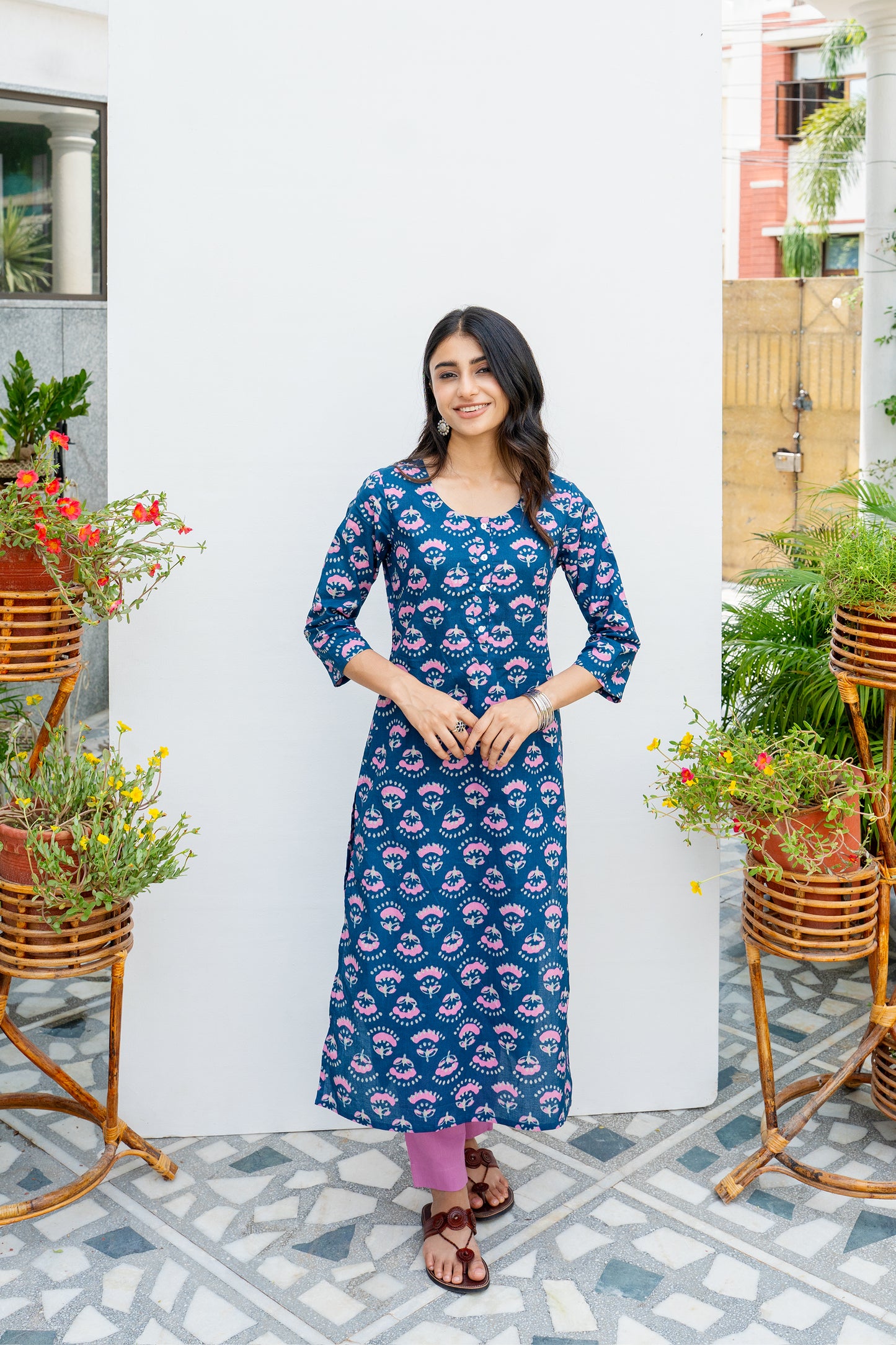 Blue Printed Cotton Kurta For Women's