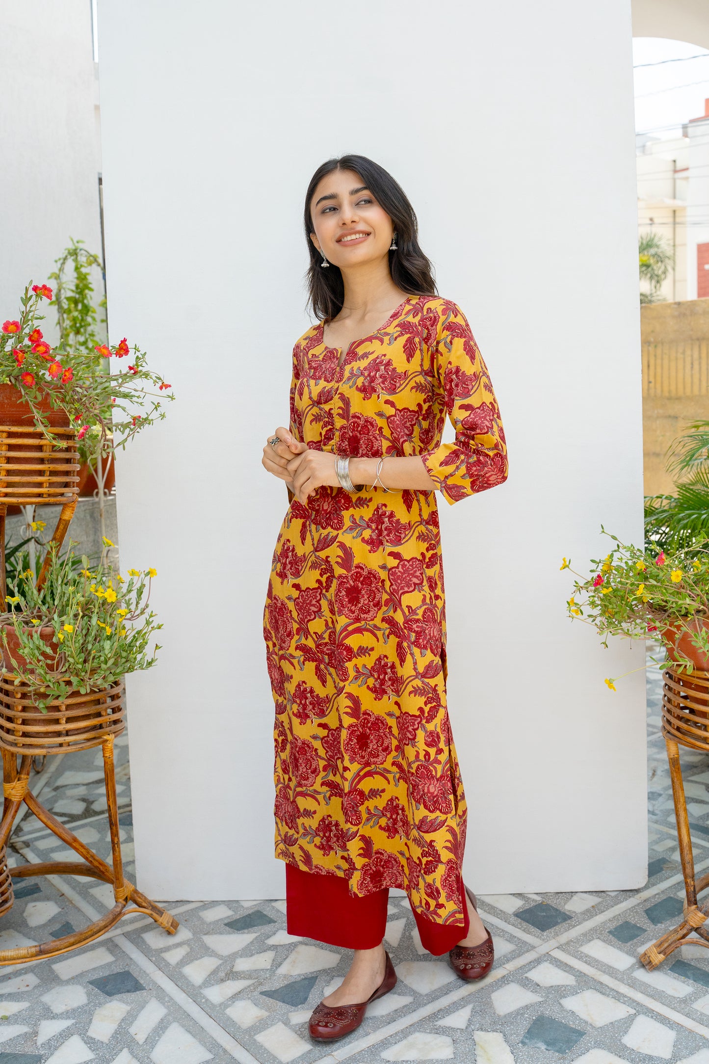 Mustard Cotton Floral Printed Kurta For Women's