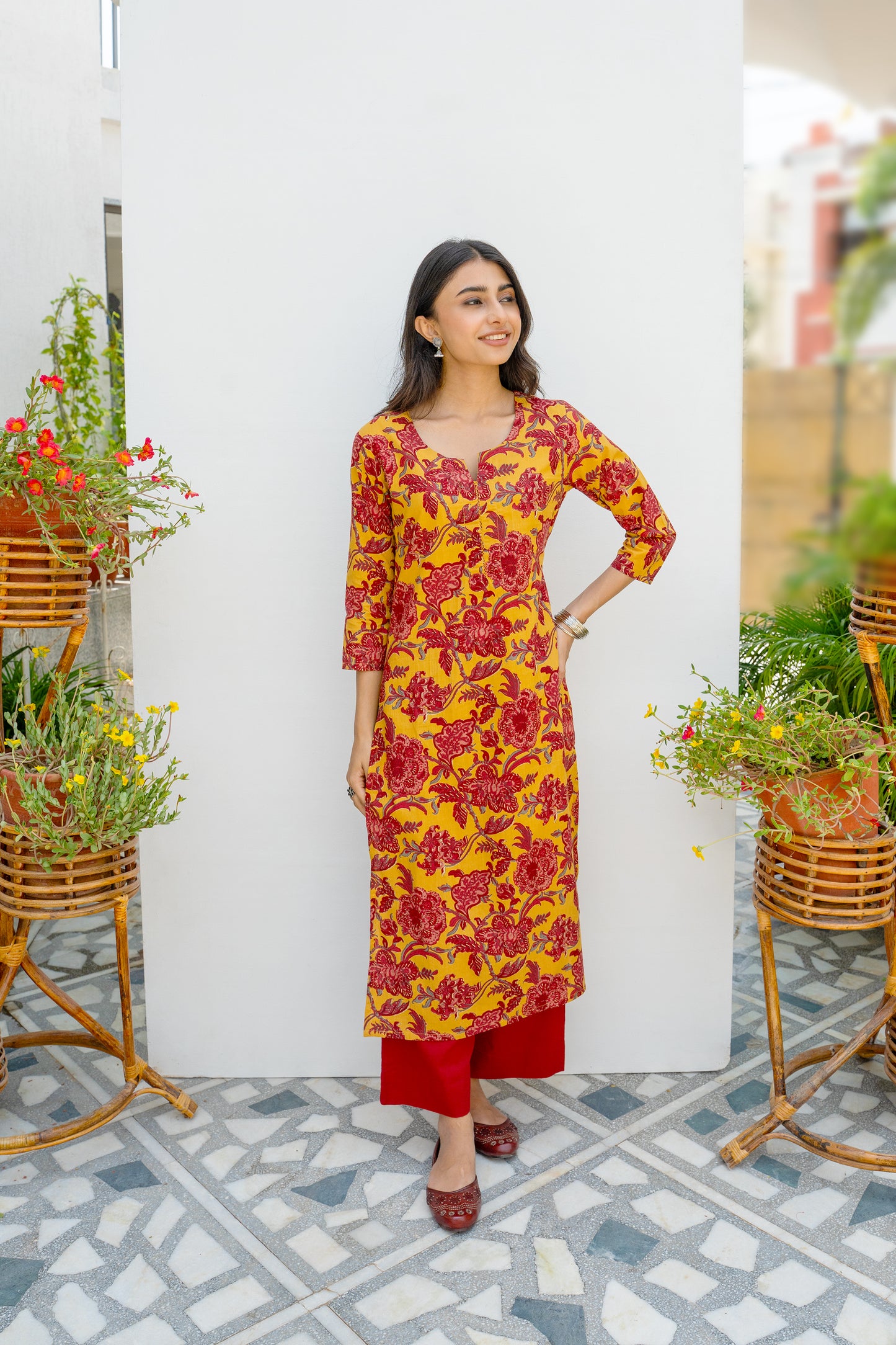 Mustard Cotton Floral Printed Kurta For Women's