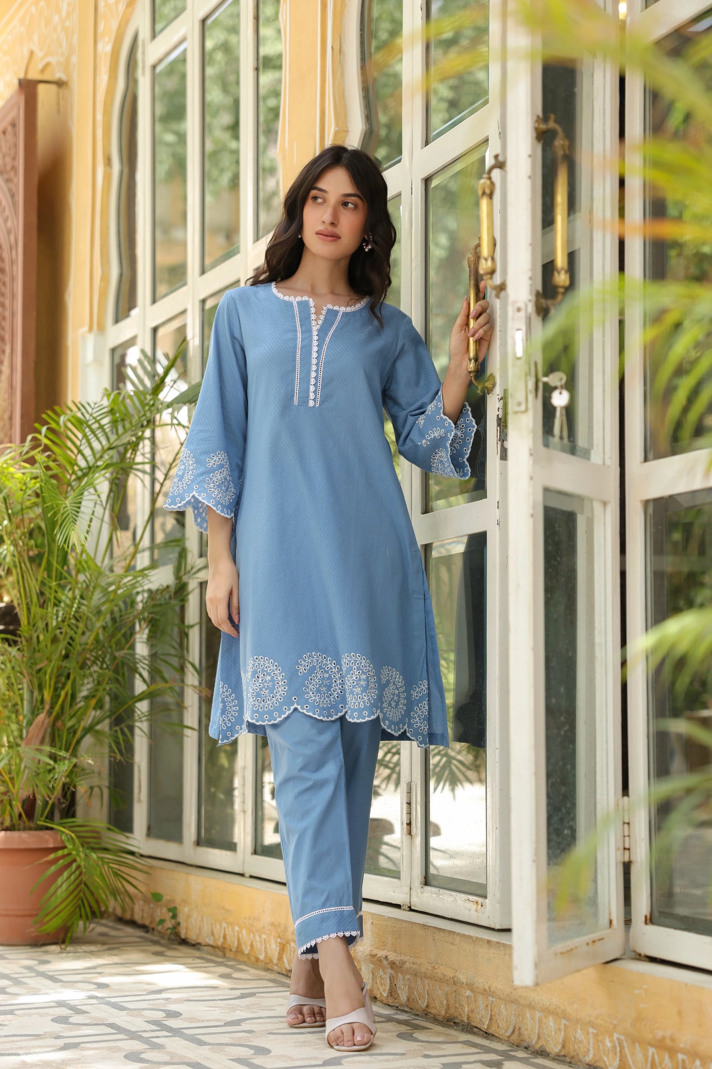 Powder Blue Cotton Dobby Kurta Pant Set For Women's