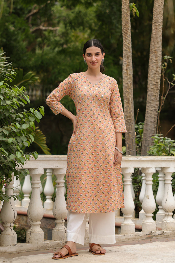Yellow Cotton Printed Straight Kurta For Women's