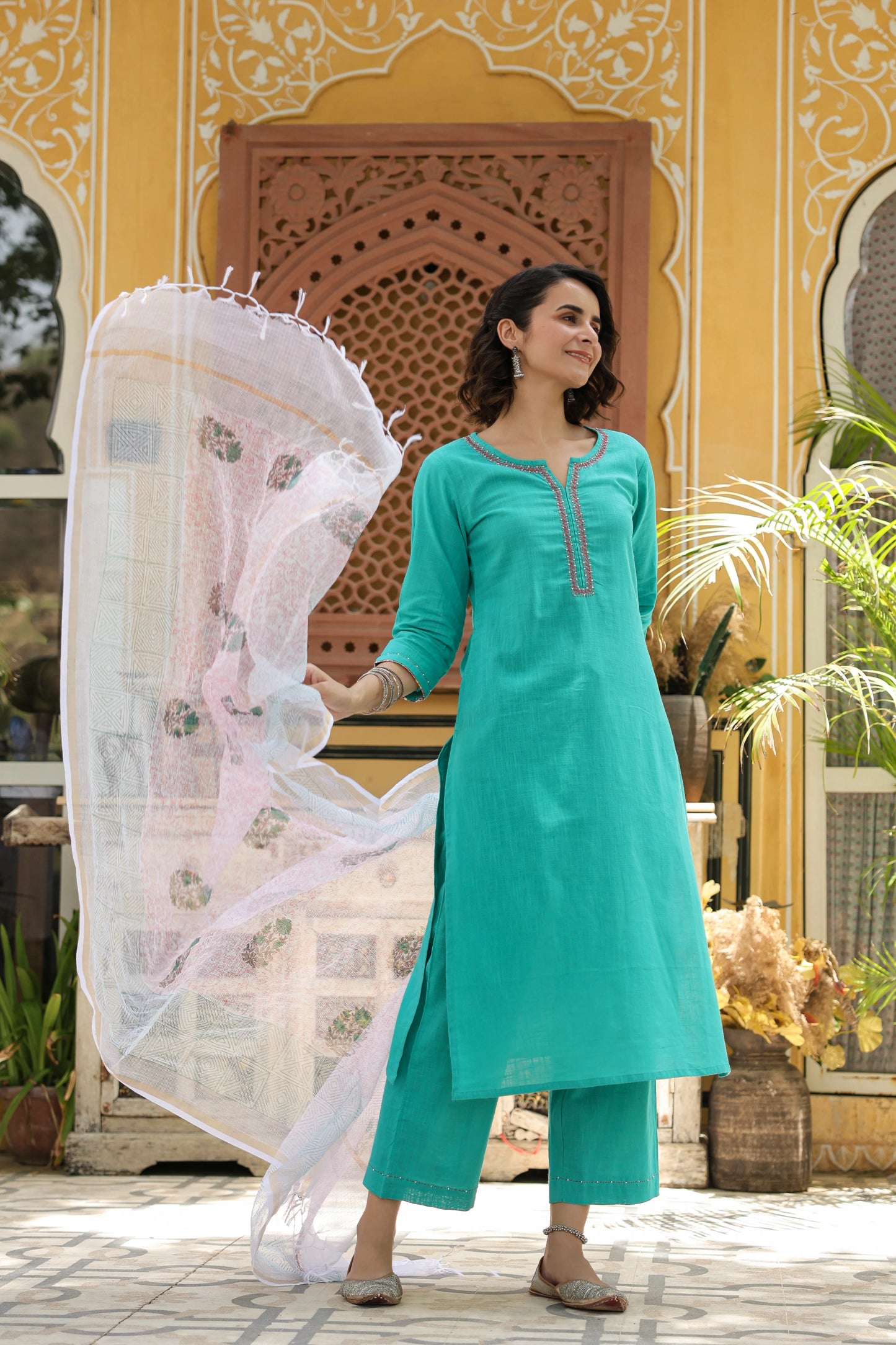 Rama Green Cotton Slub Complete Suit Set For Women's