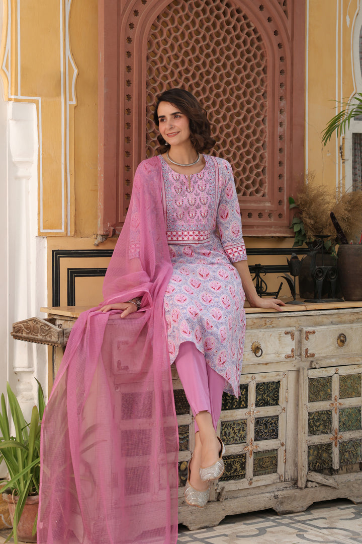 Onion Pink Cotton Handblock Printed Straight Kurta For Women's