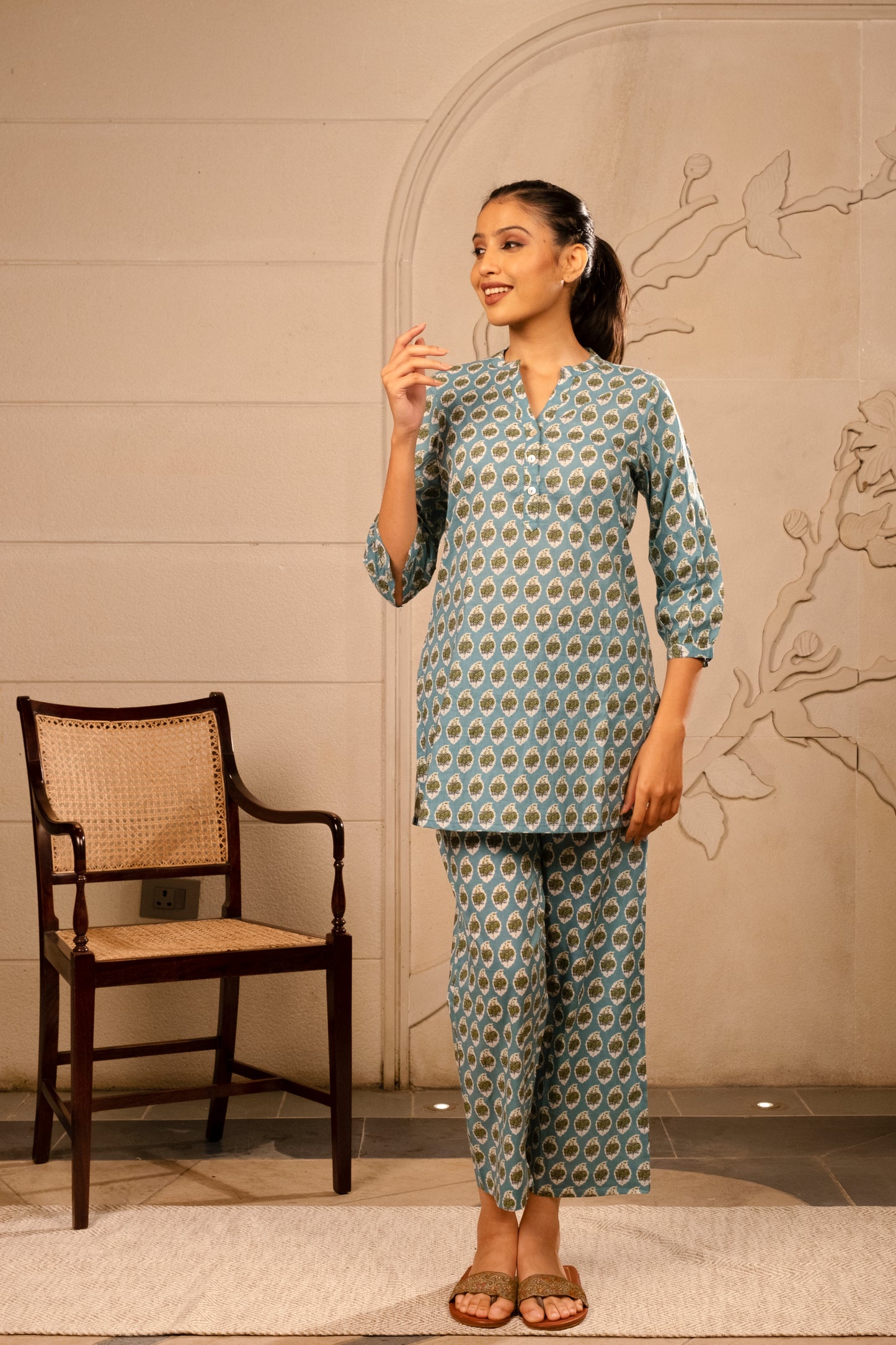 Powder Blue Cotton Co-Ord Set For Women's