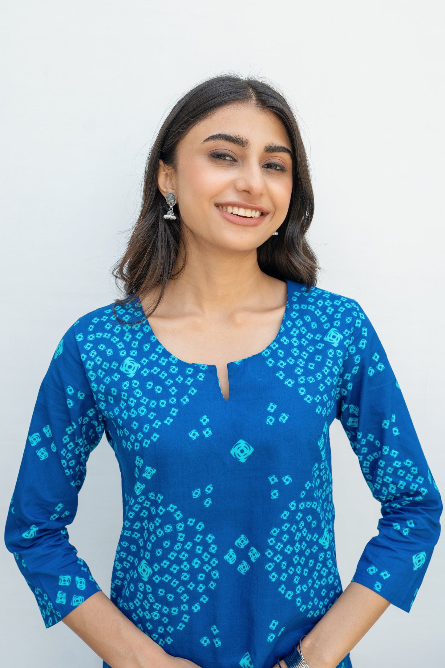 Blue Cotton Bandhani Printed Kurta For Women's