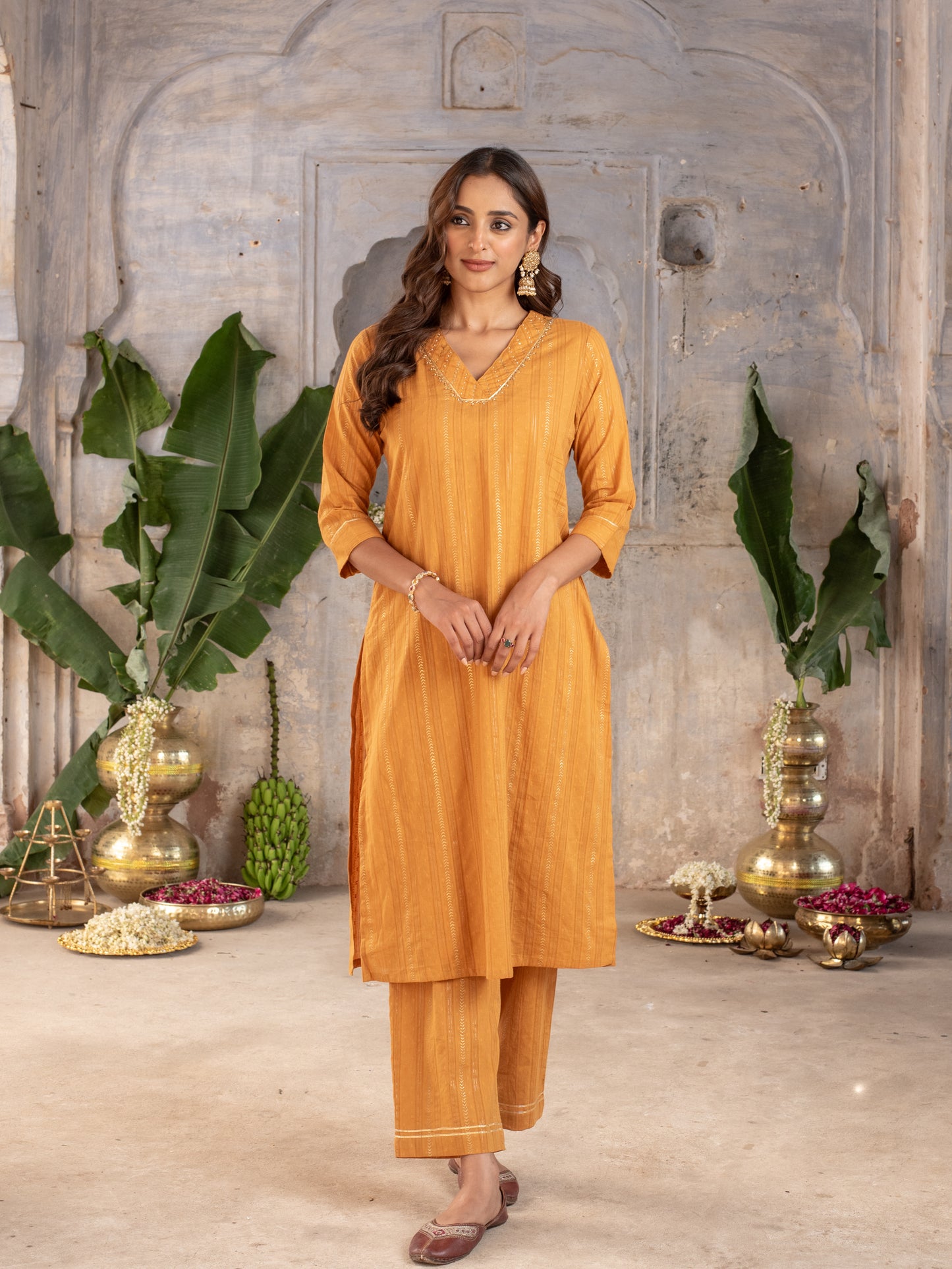 MUSTERD COTTON DOBBY V NECK BEADS WORK WITH GOTA KURTA PANT SET