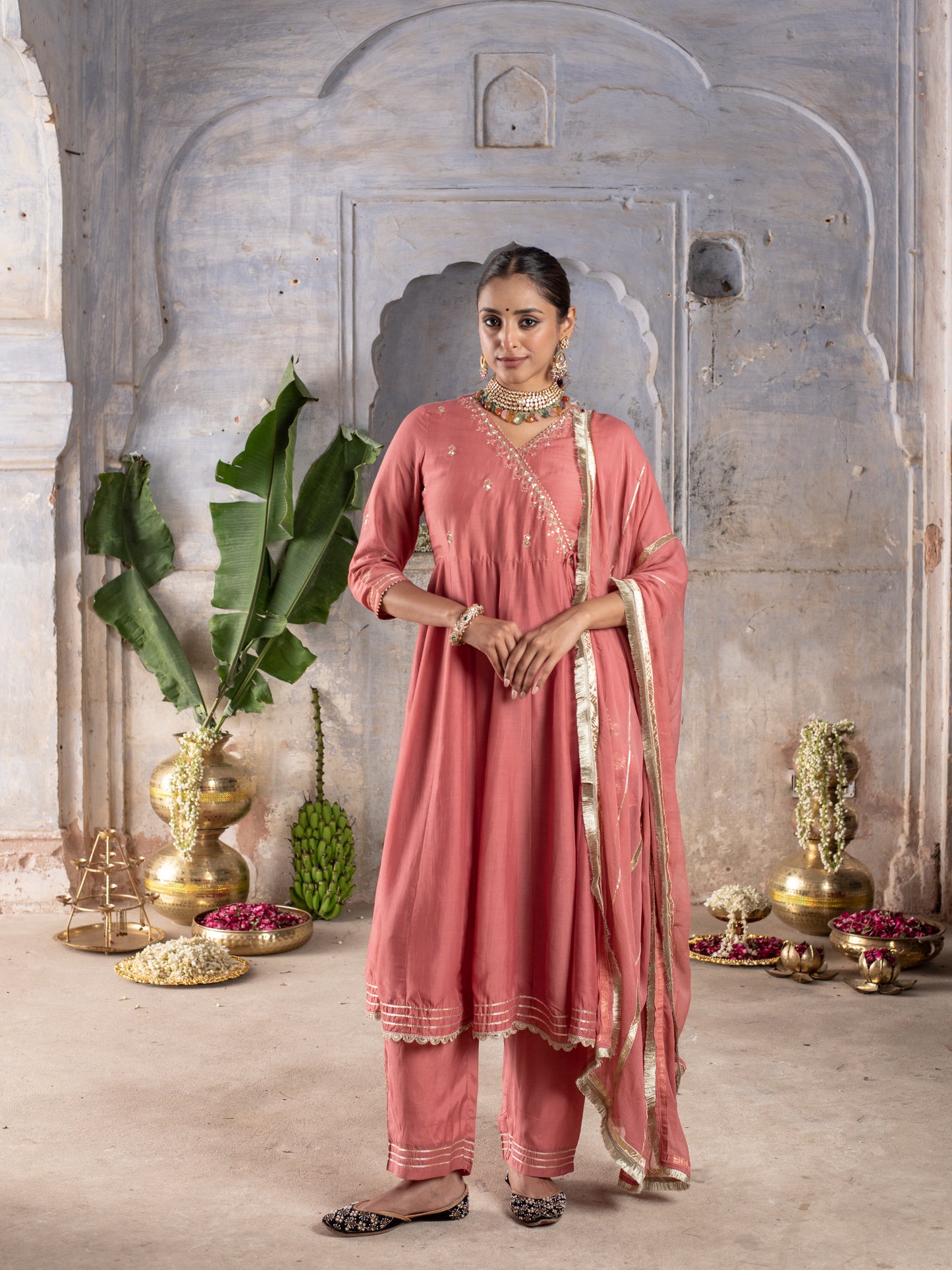 PEACH MUSLIN SILK ANGRAKHA NECK GOTA DORIYA DUPATTA FULL SET