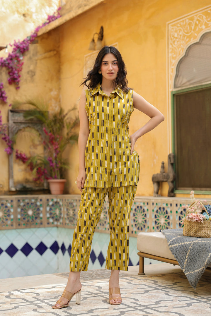Mustard Cotton Collar Neck Handblock Co-Ord Set For Women's