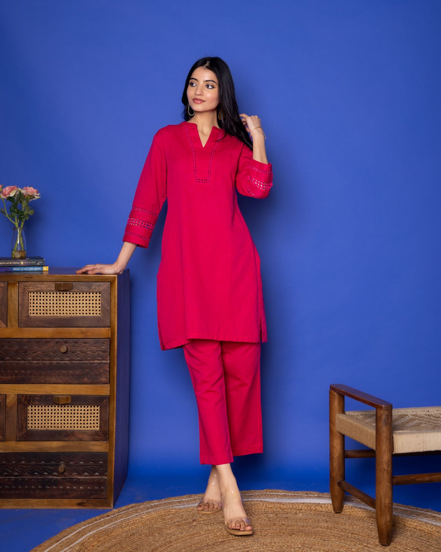PINK LINEN COLLAR NECK ALL OVER HIGHLIGHTED WITH LACES KURTA PANT SET