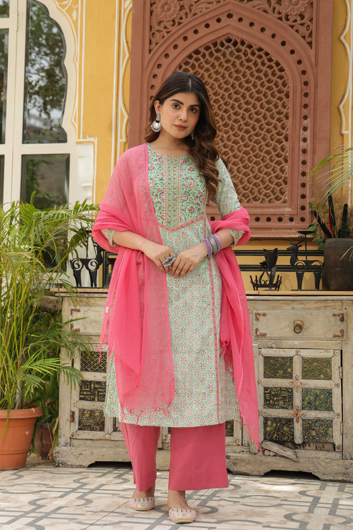 Light Pista Green Handblock Printed Kurta For Women's