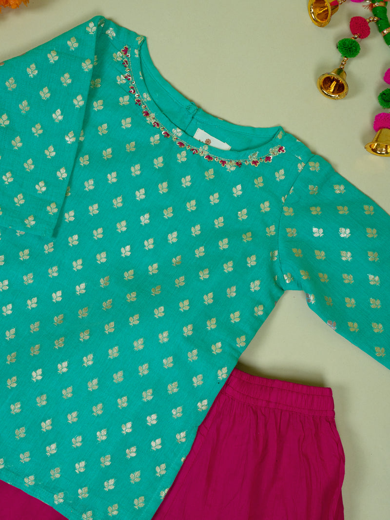 Turquoise Banarasi Chanderi Kurta Shrara Dupatta Set For Girls