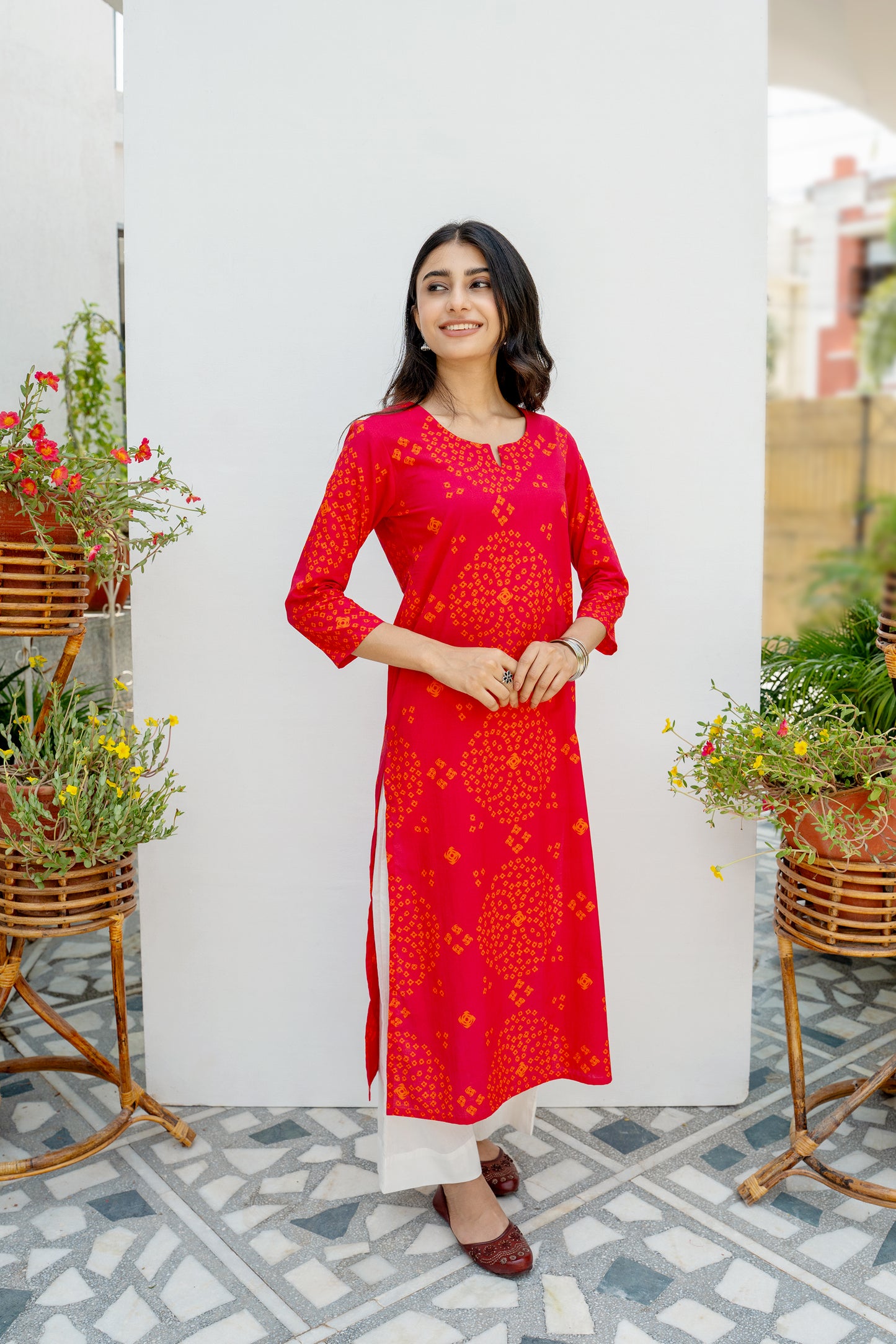 Red Bandhani Printed Cotton Kurta For Women's