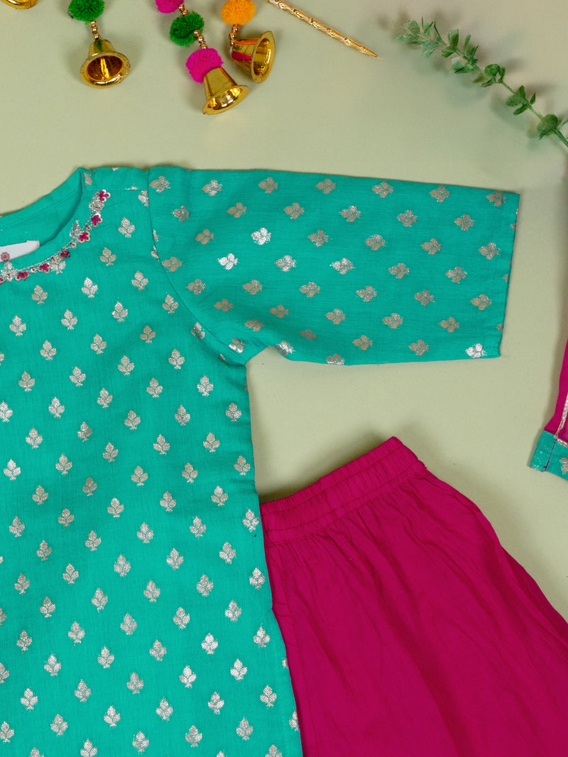Turquoise Banarasi Chanderi Kurta Shrara Dupatta Set For Girls