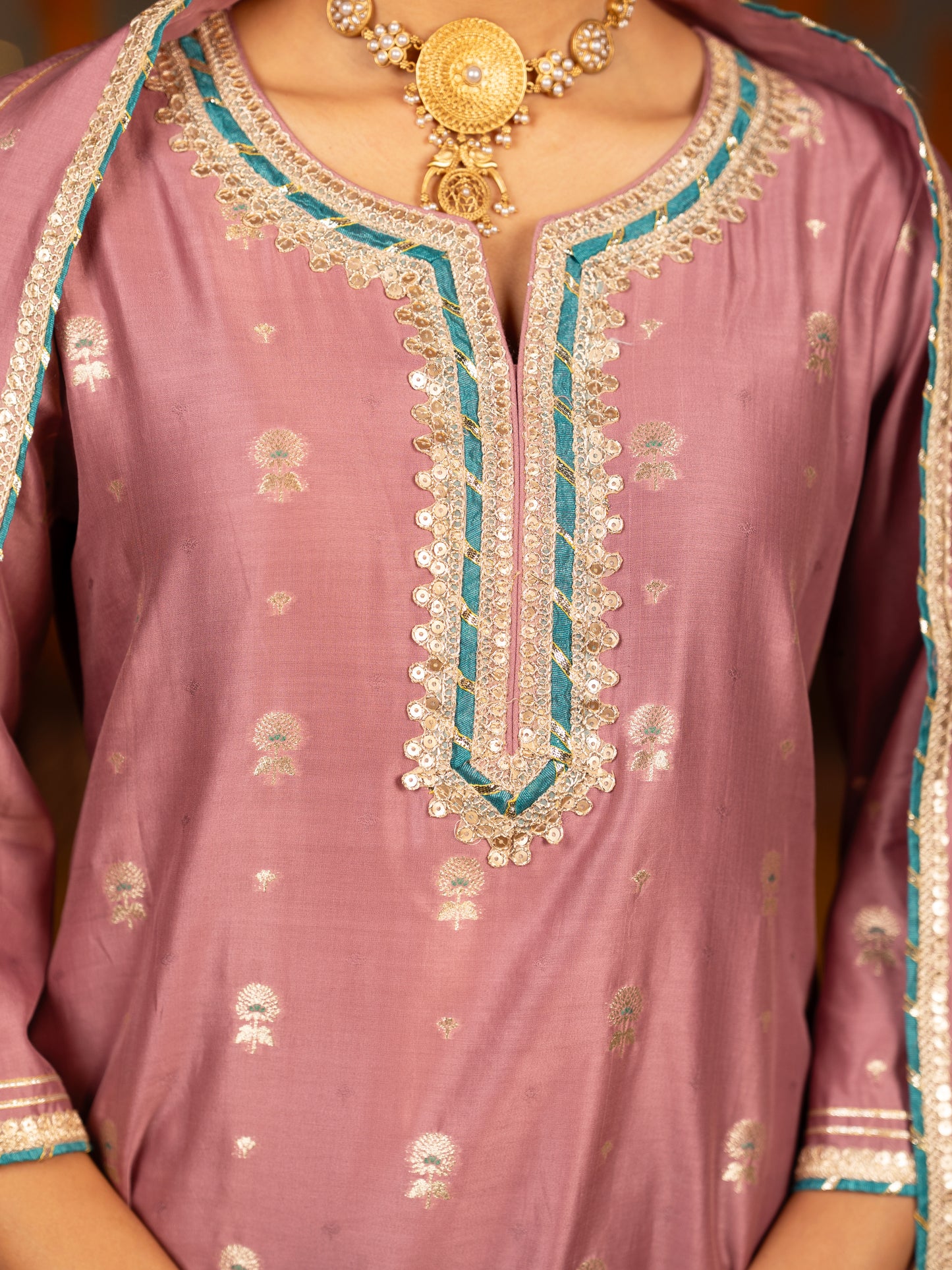 Mauve Banarasi Chanderi Round Neck Complete Suit Set For Women's
