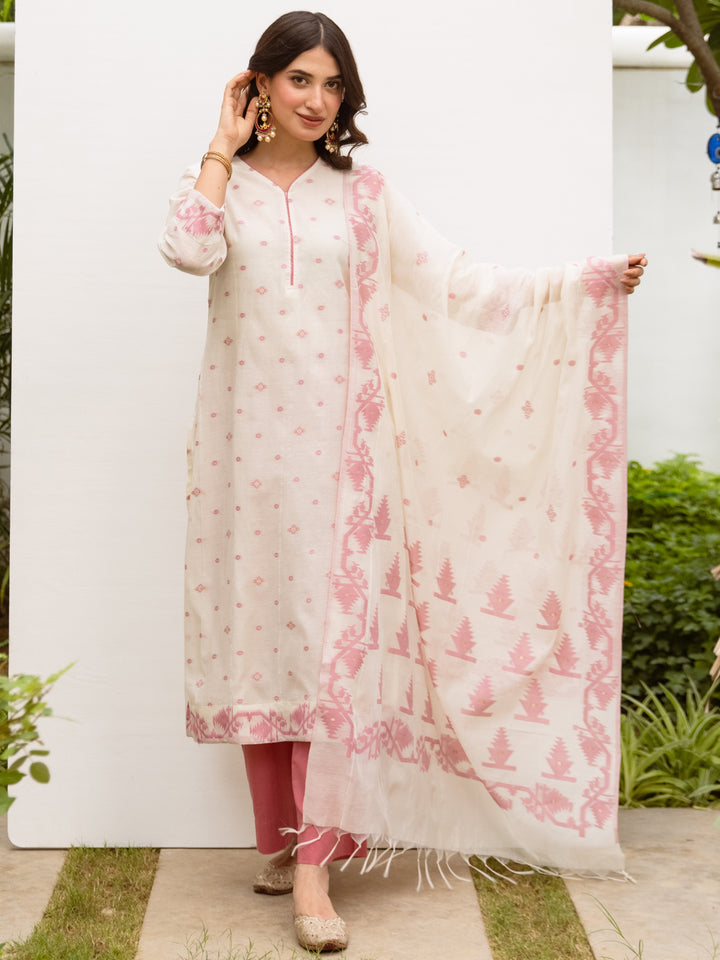White & Pink Jamdani Kurta Dupatta Set