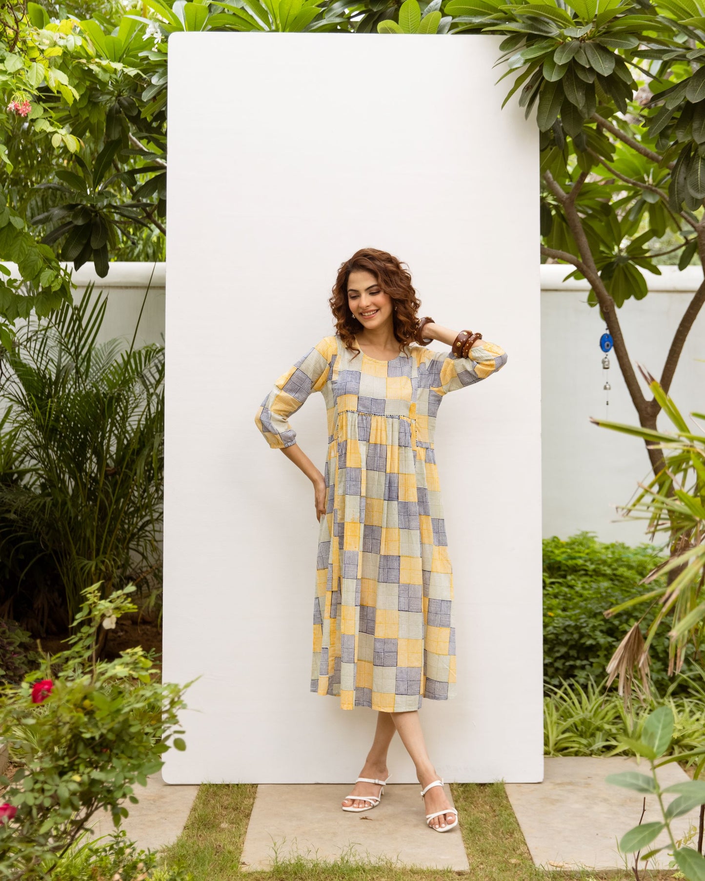 Soft Yellow Cotton Round Neck Dress For Women's