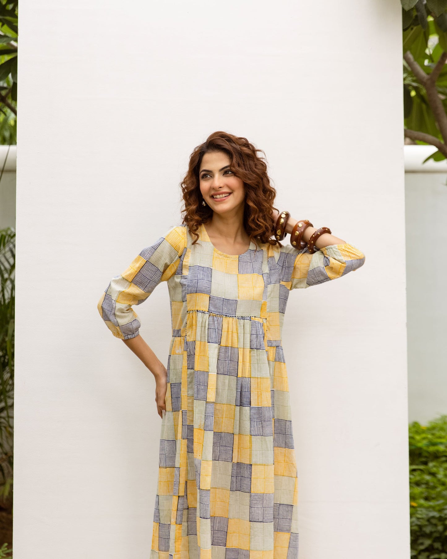 Soft Yellow Cotton Round Neck Dress For Women's