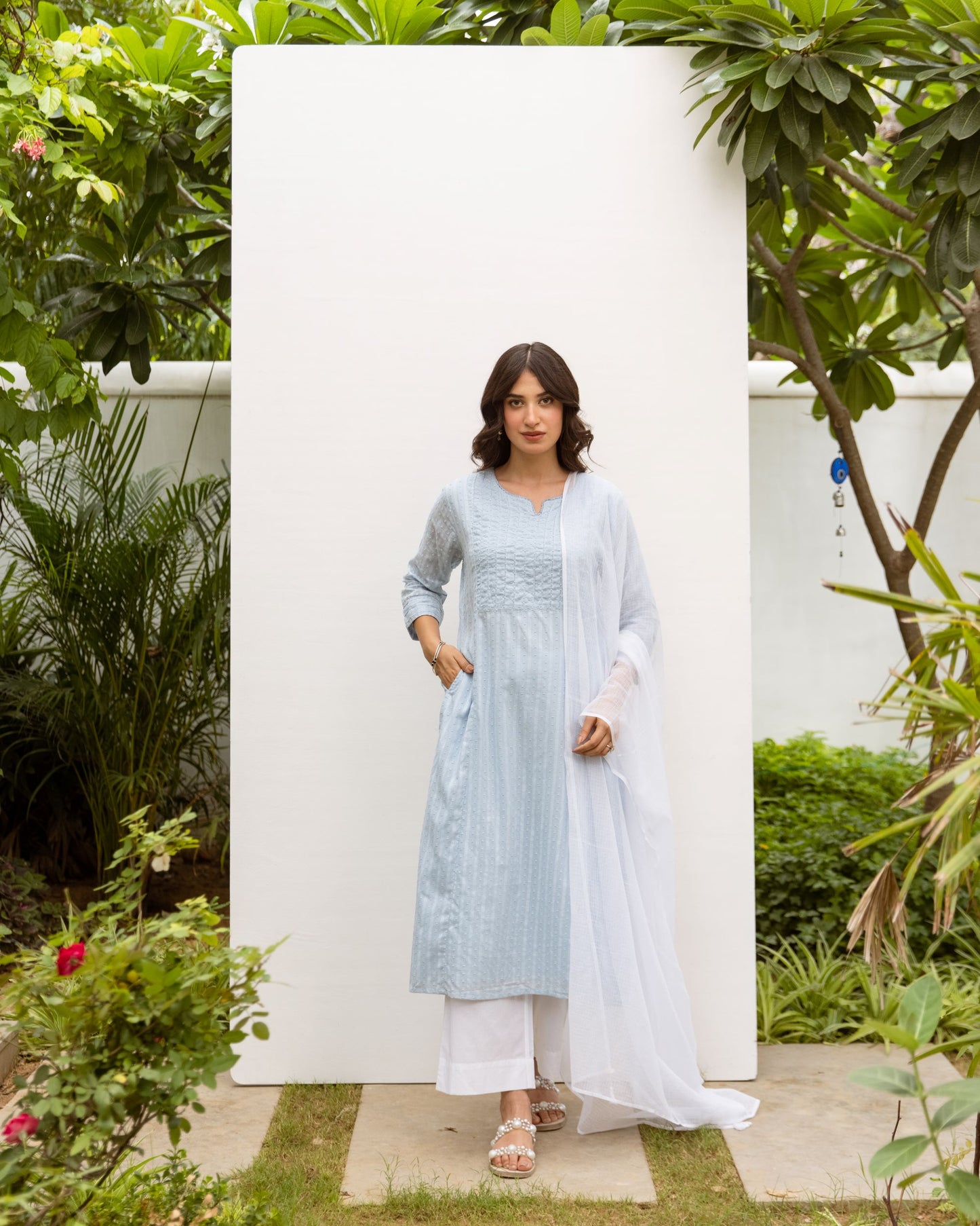 Powder blue Cotton Round neck Kurta for women's