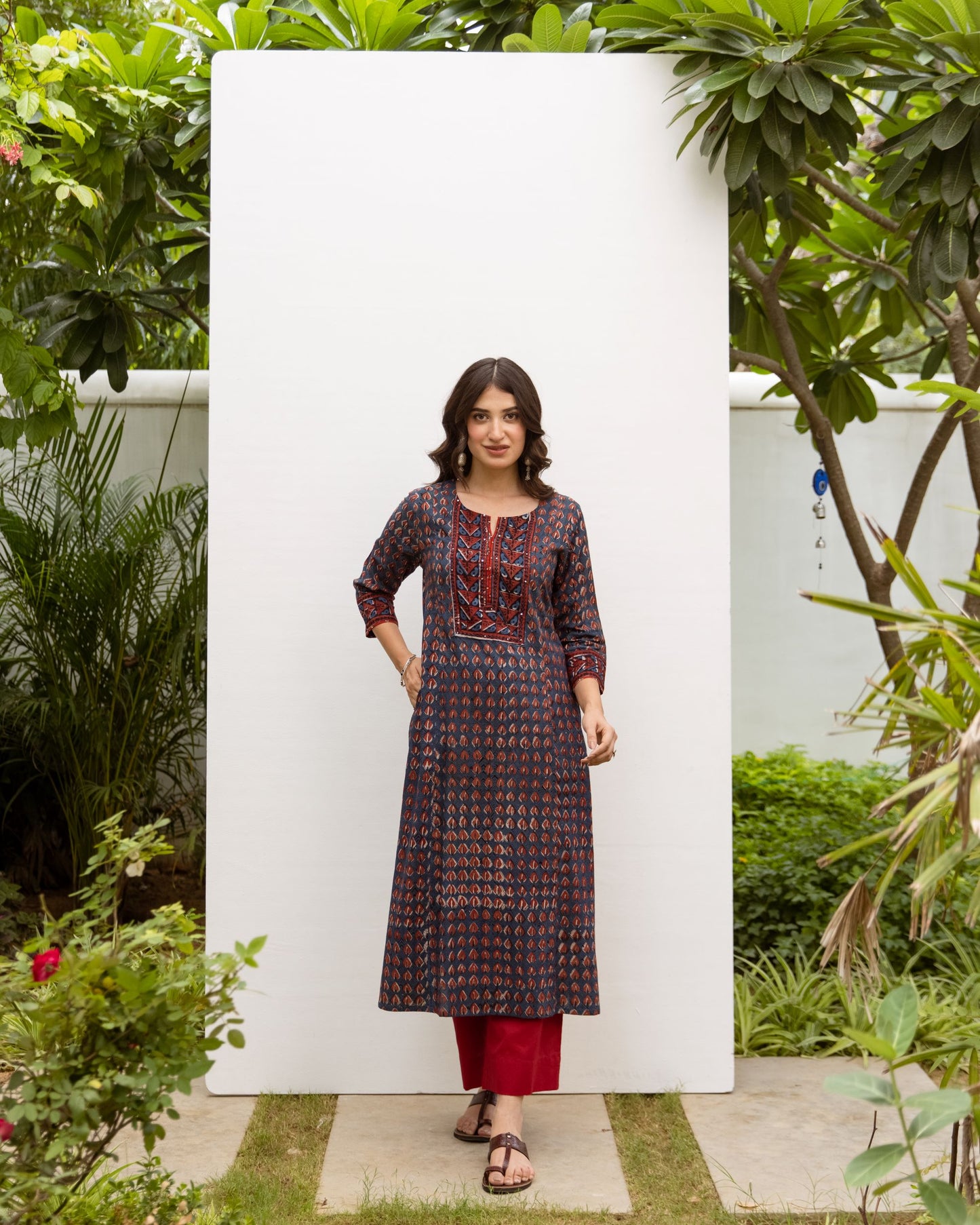 Navy Blue Cotton Printed Kurta For Women's