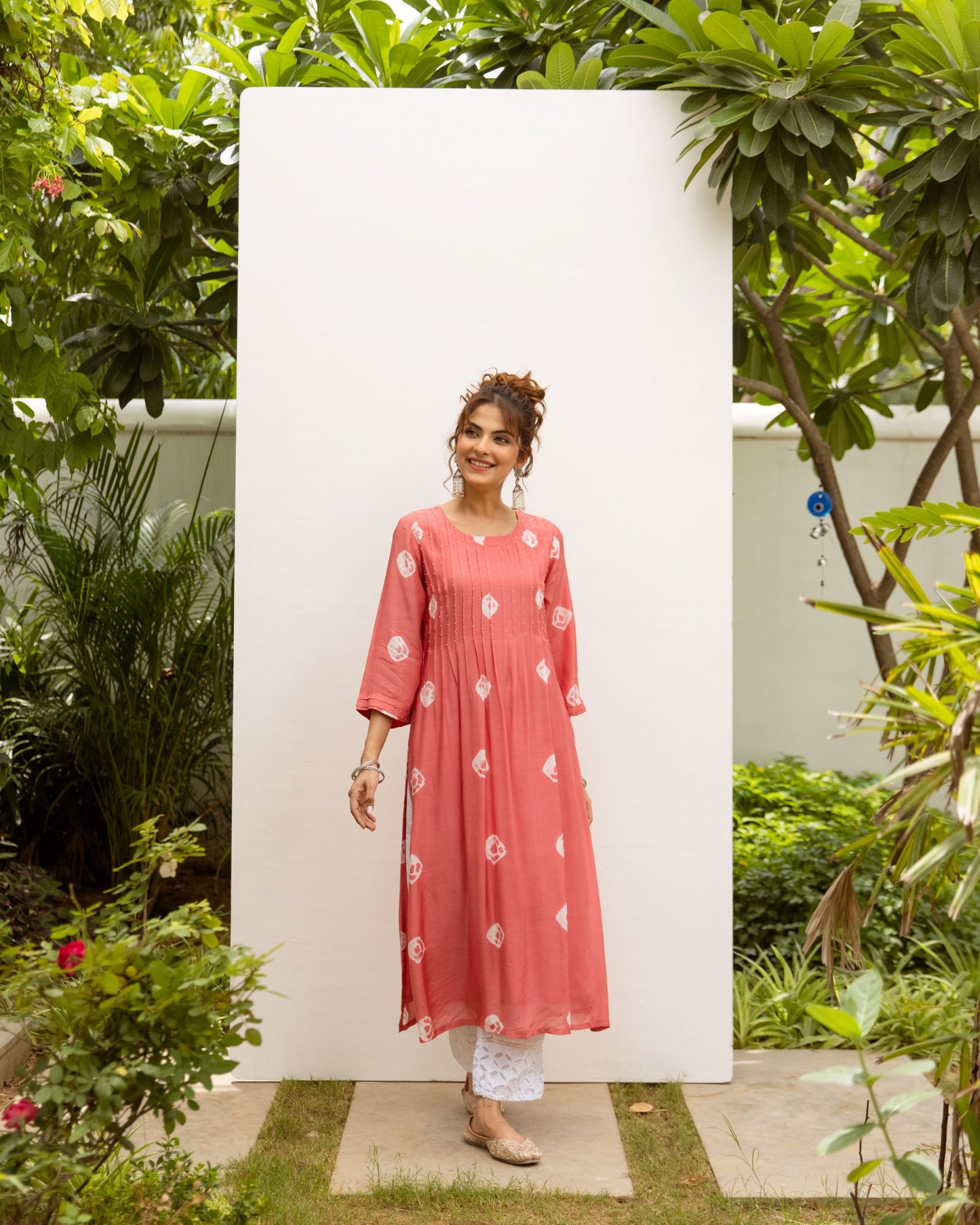 Peach Silk Bandhani Print Kurta For Women's