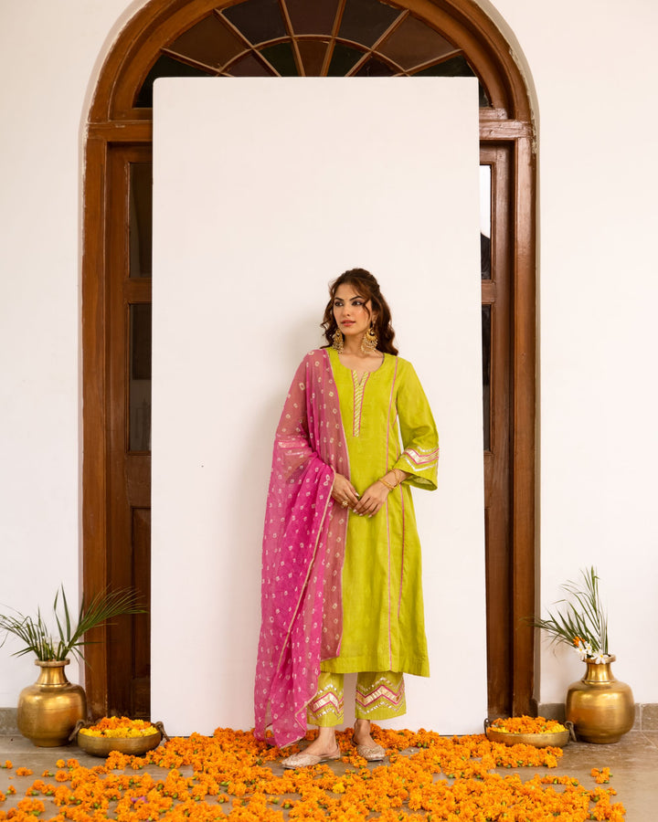 Lime Green with Pink Bandhani Dupatta Complete Suit Set Fior Women's