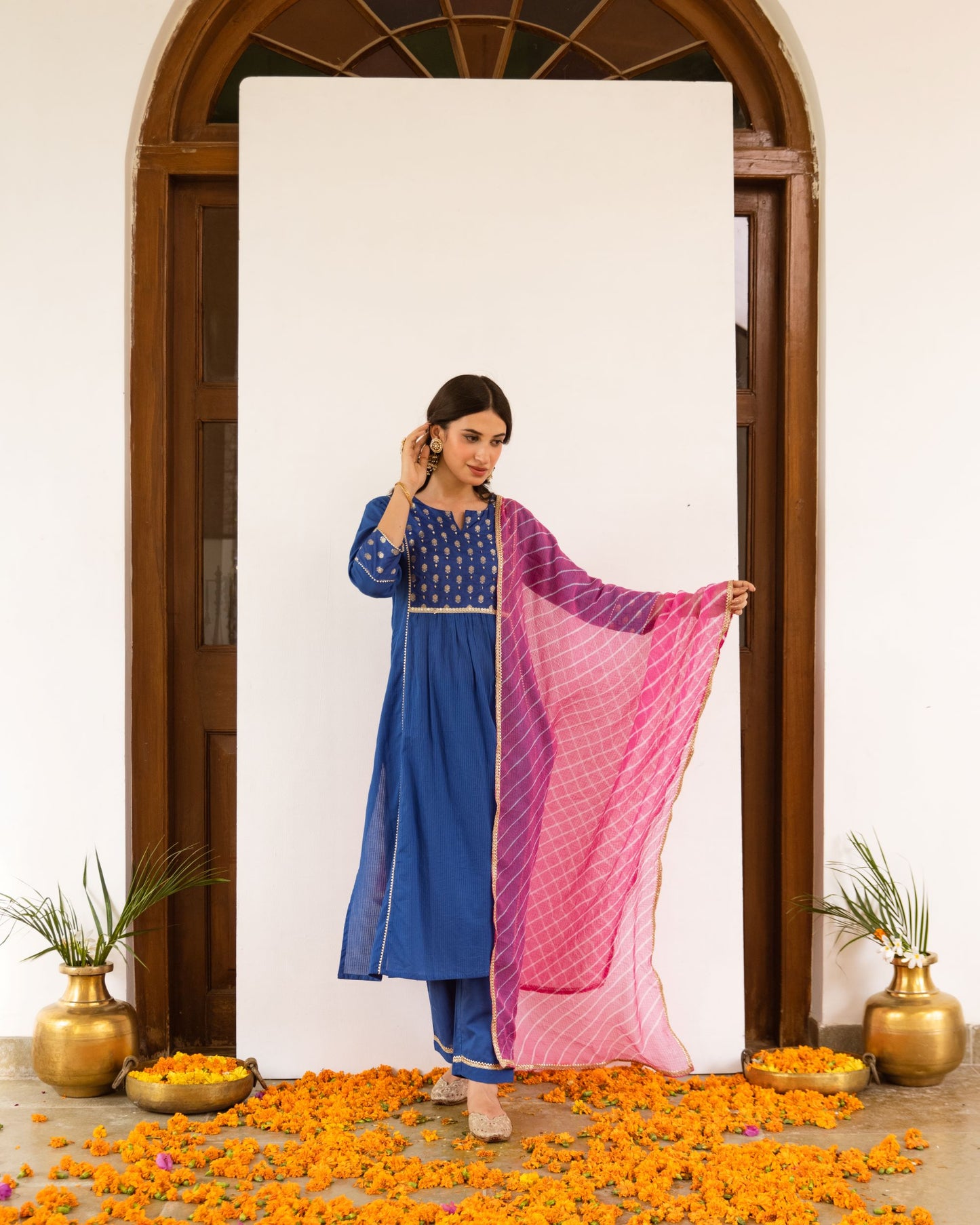 Royal Blue Cotton Dobby Complete Suit Set For Women's
