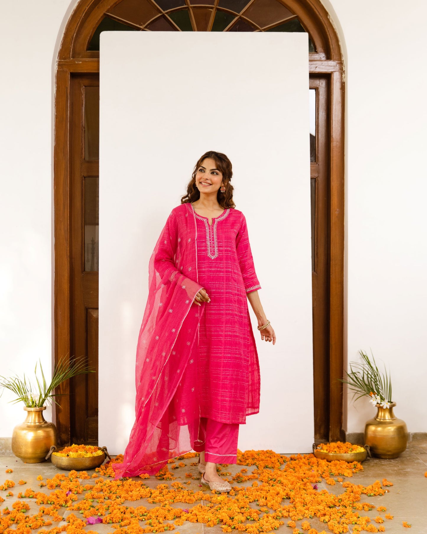 Magenta Cotton Lurex Comlete Suit Set For Women's