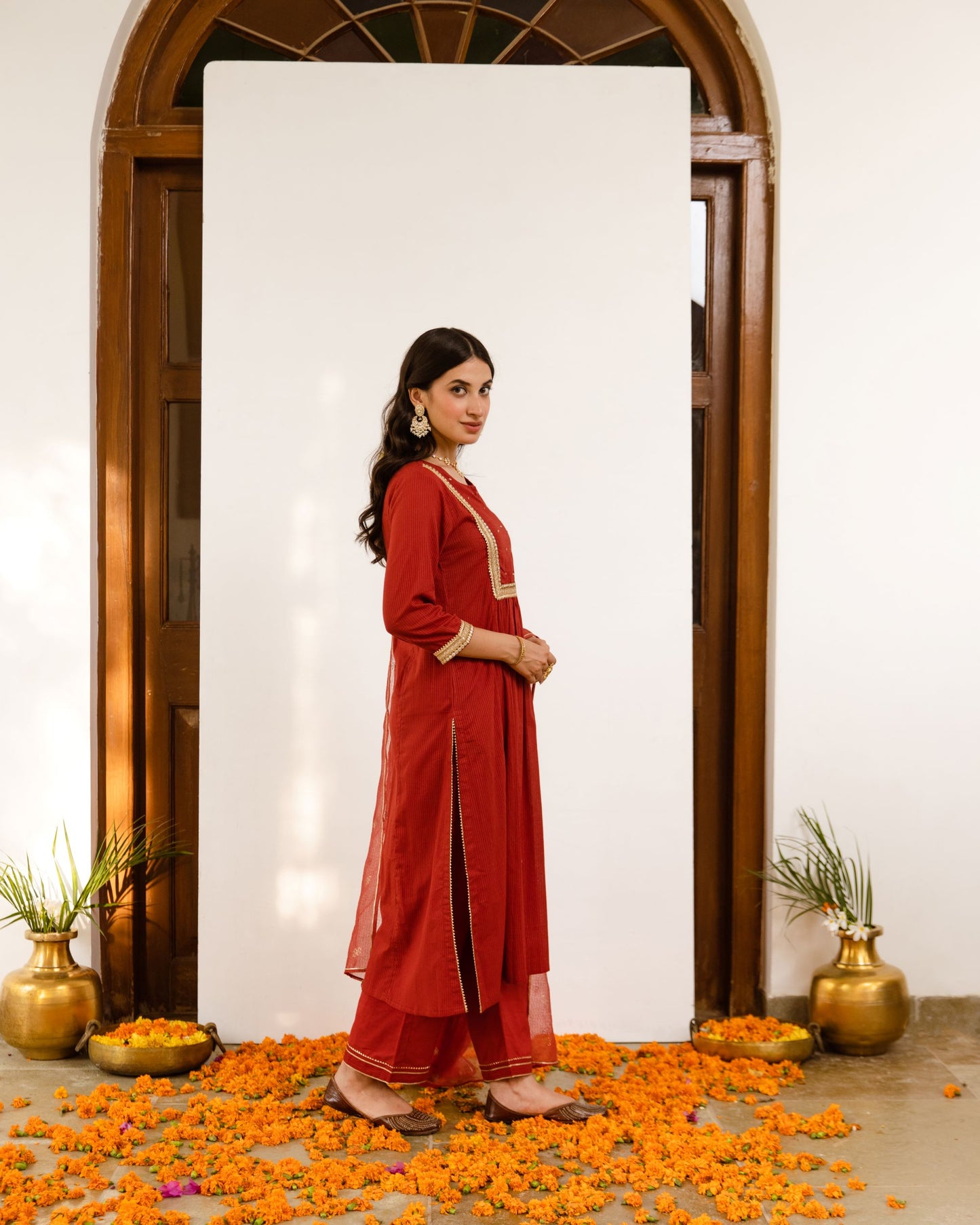 Rust Cotton Dobby Complete Suit Set For Women's