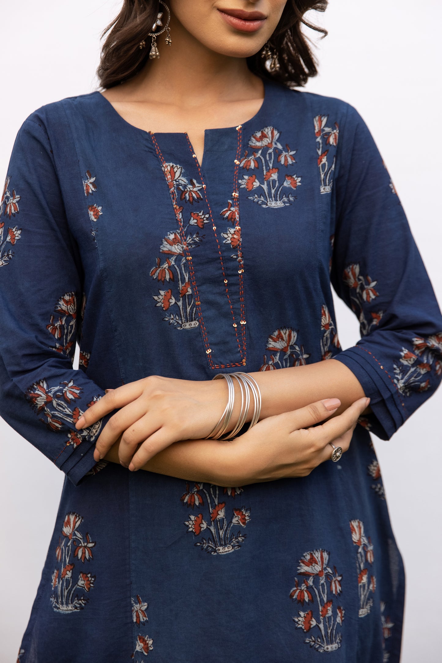Indigo Cotton Round Neck Handblock Kurta For Women's
