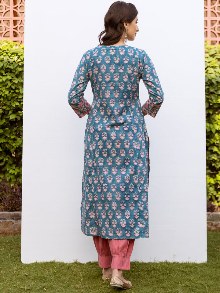 Blue Cotton Round Neck Handblock Kurta For Women's