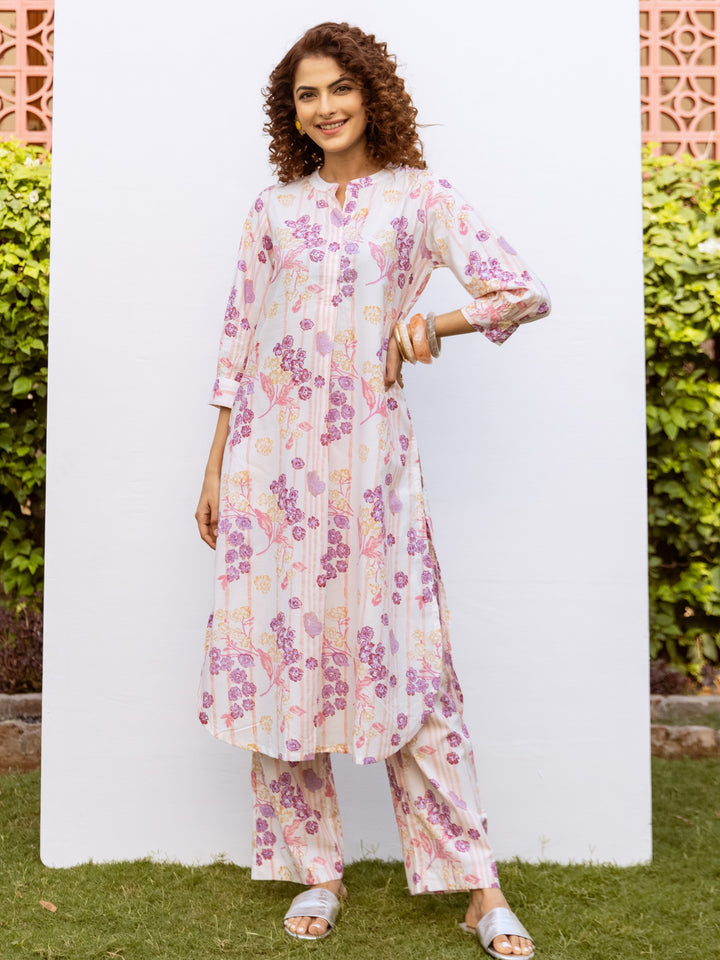 White With Multicolored Cotton Modal Mandarin Collar Floral Print Kurta Pant Set For Women's