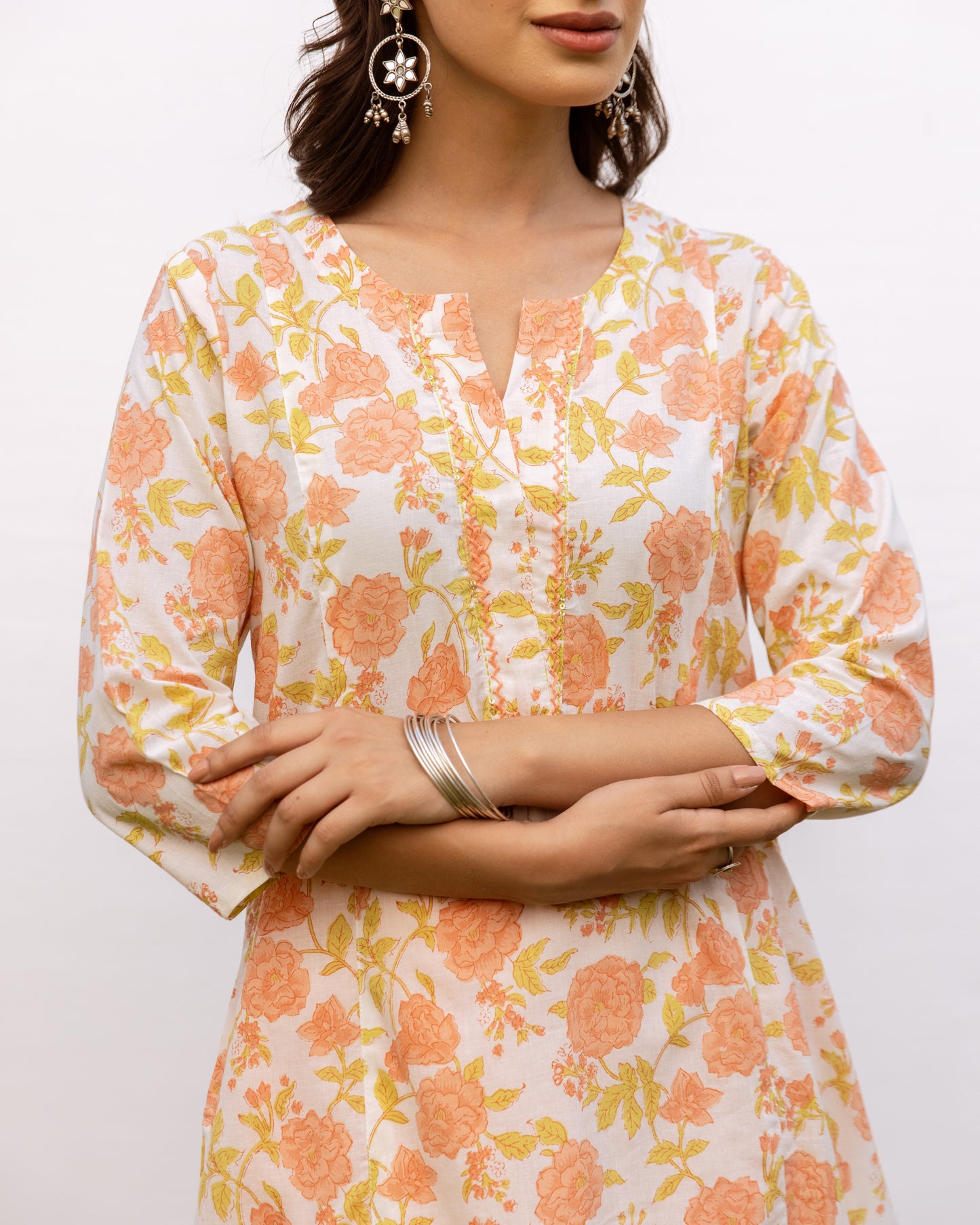 White With Peach Floral Print Round Neck Cotton Kurta For Women's