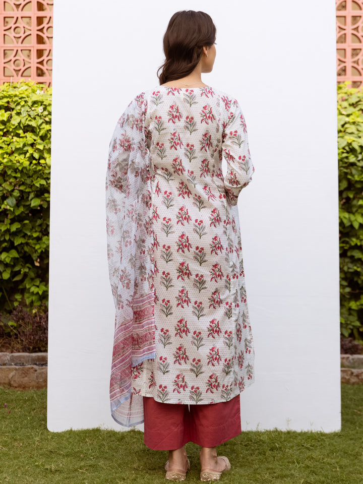 White Cotton Round Neck Handblock Printed Kurta Dupatta Set For Women's