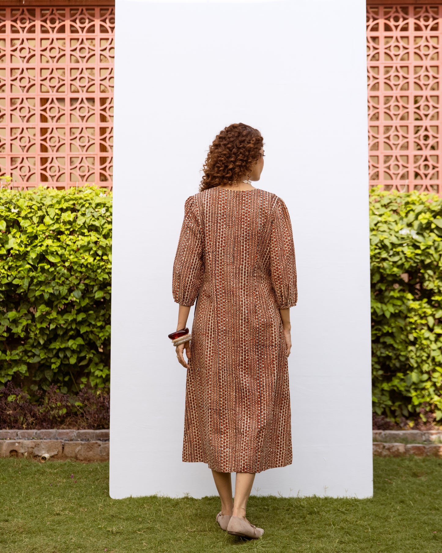 RUST COTTON V-NECK HANDBLOCK DRESS FOR WOMEN'S