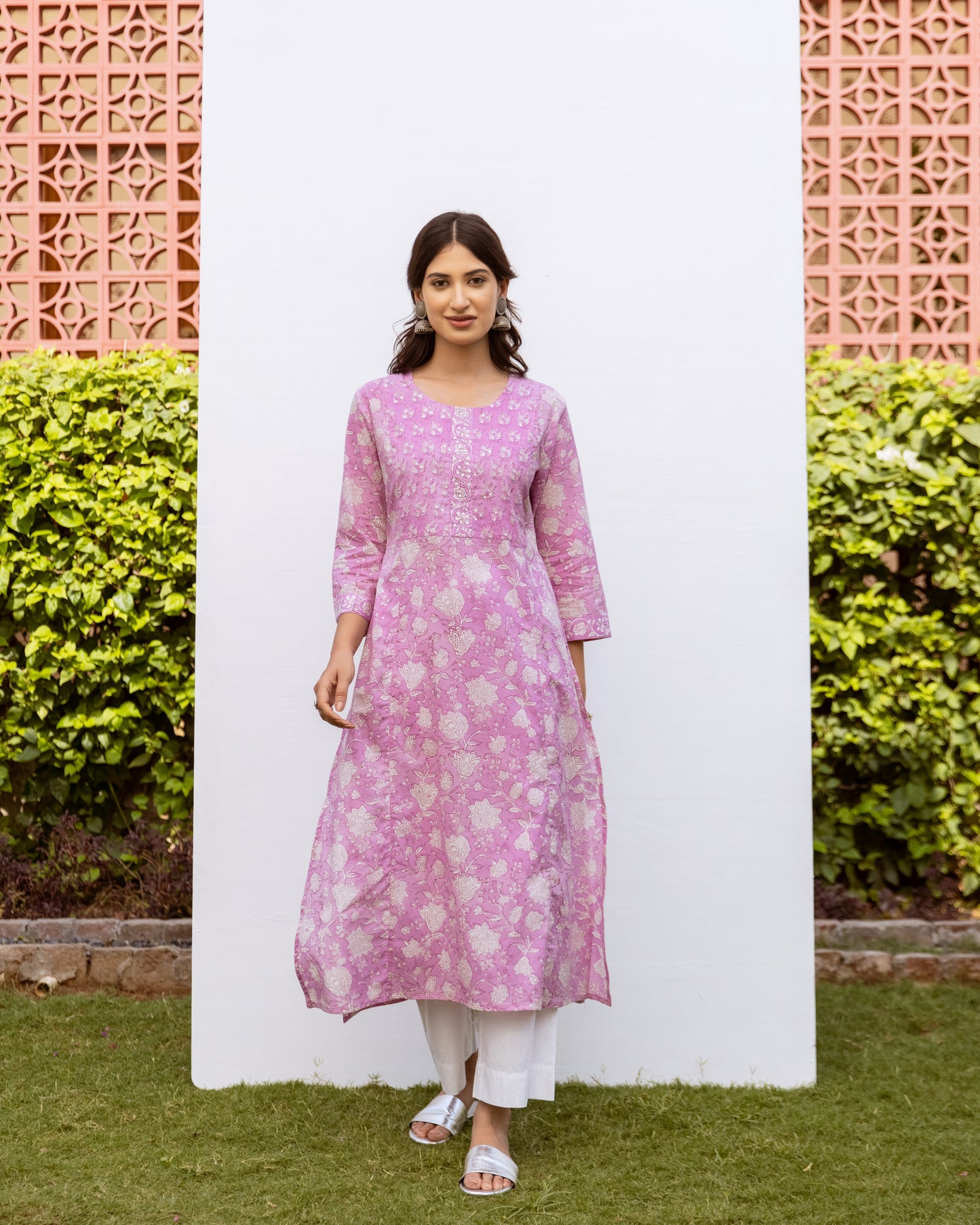Lavender Cotton Round Handblock Kurta For Women's
