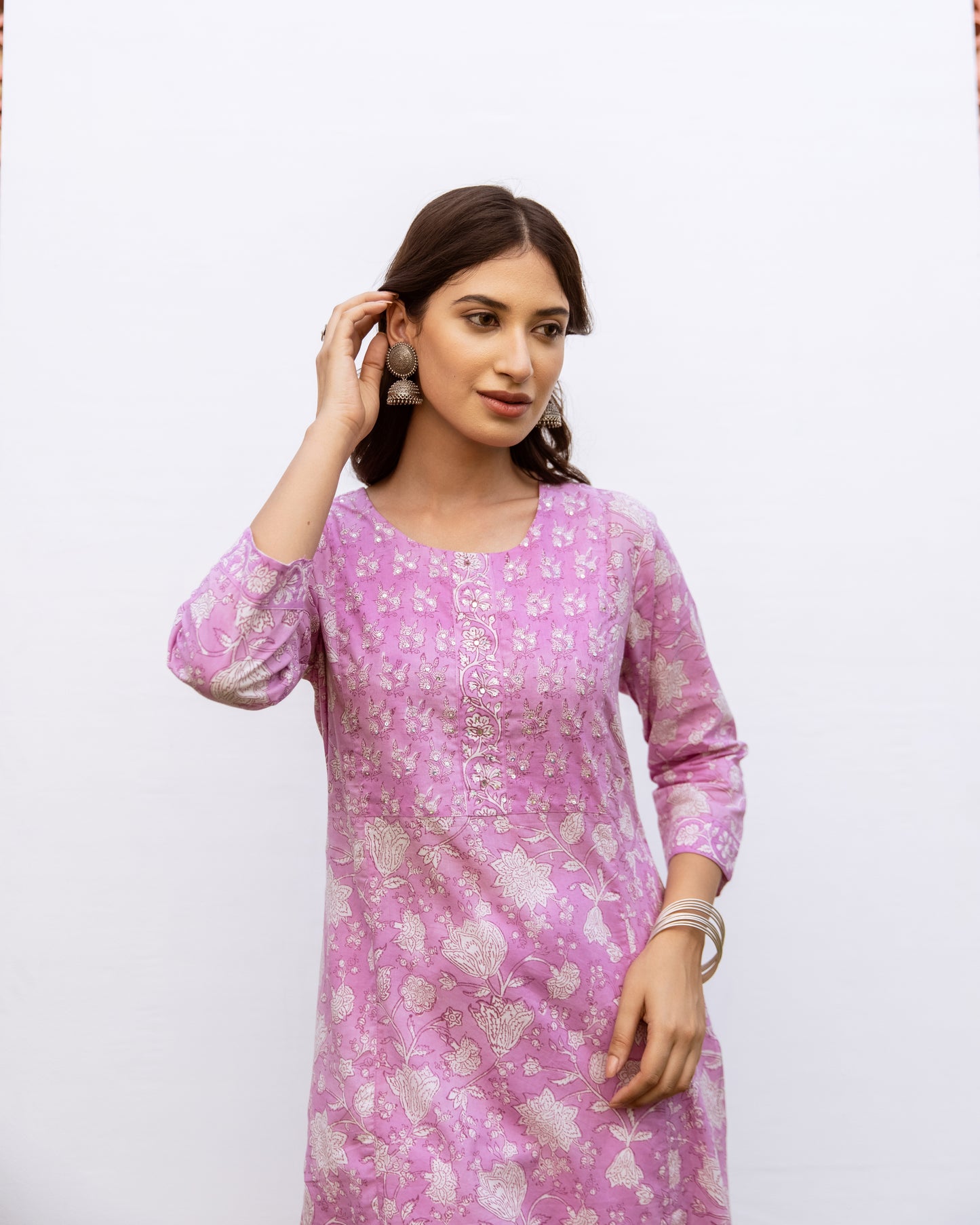 Lavender Cotton Round Handblock Kurta For Women's