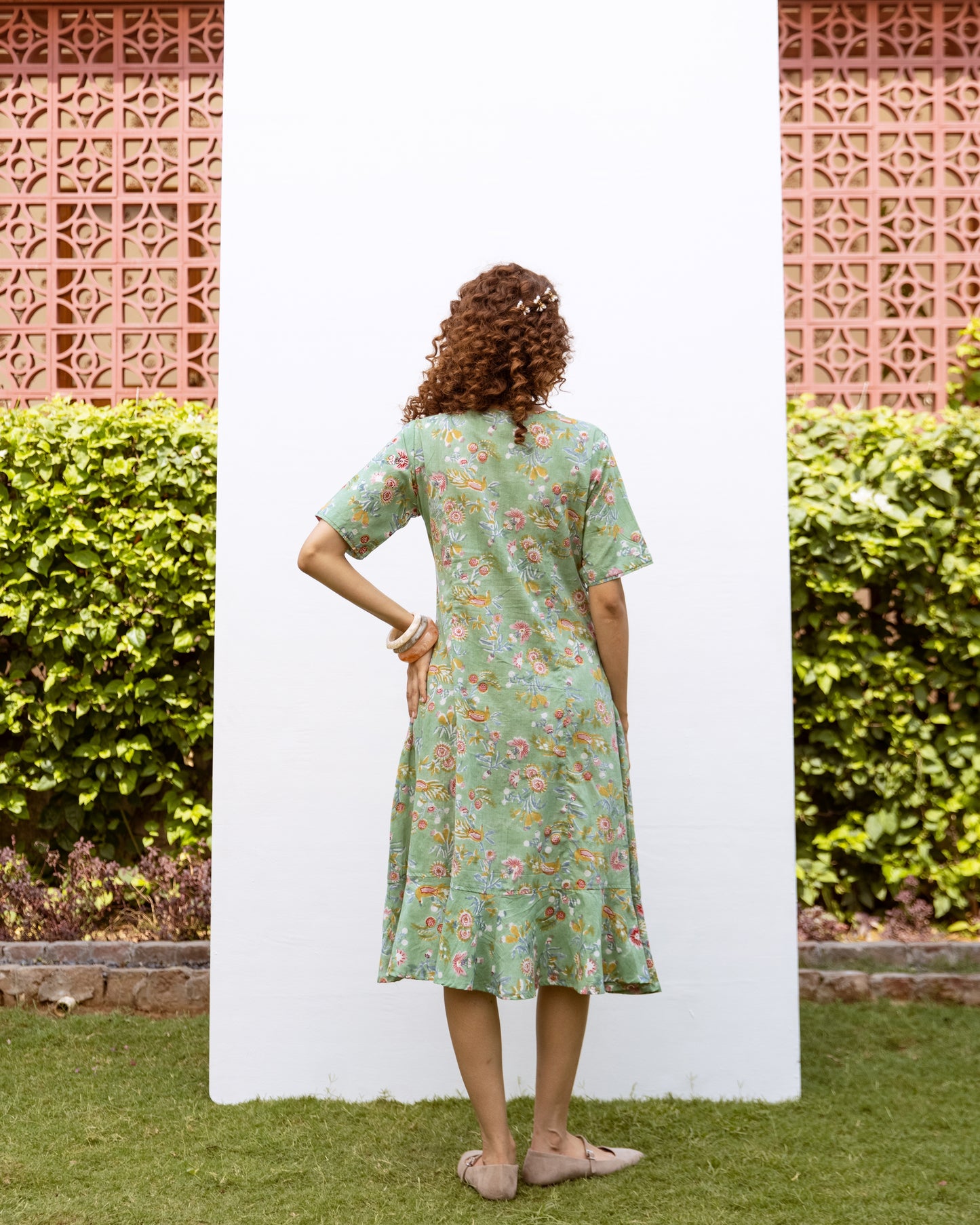 Green Cotton Round Neck Floral Handblock Print Dress For Women's