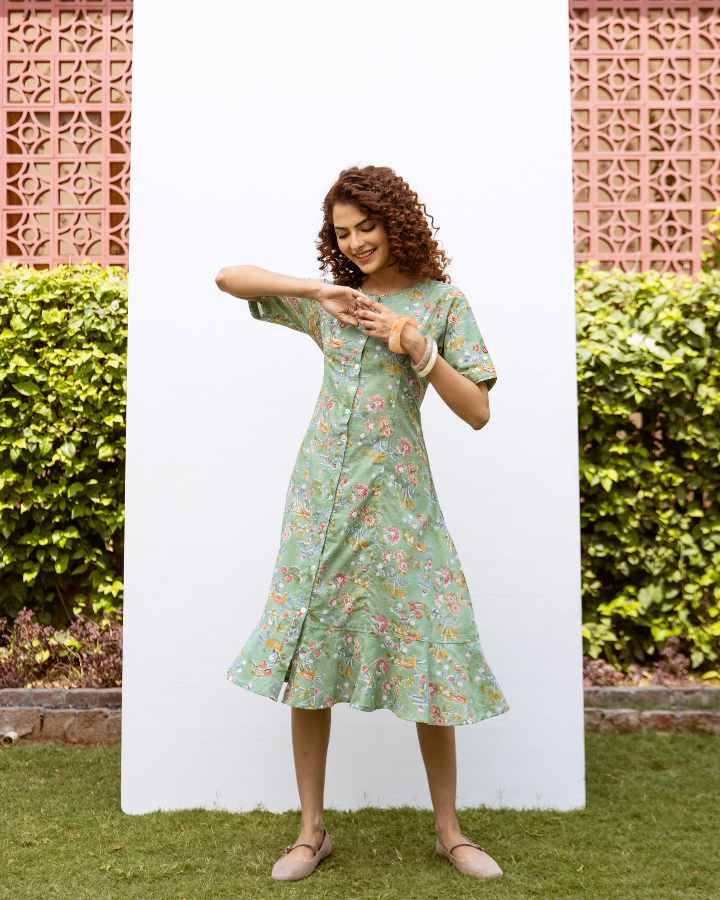Green Cotton Round Neck Floral Handblock Print Dress For Women's