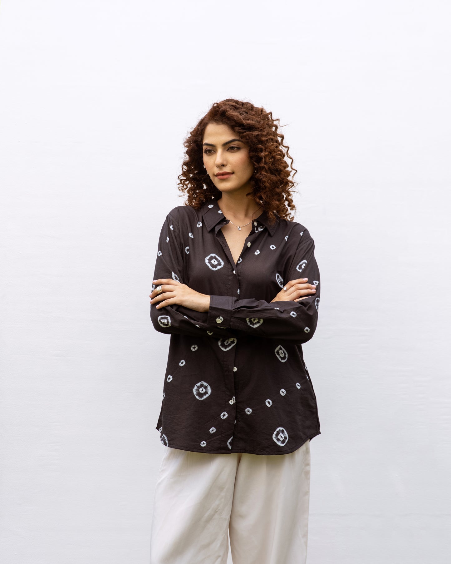 Black Cotton Modal Hand Done Bandhani Print Shirt For Women's