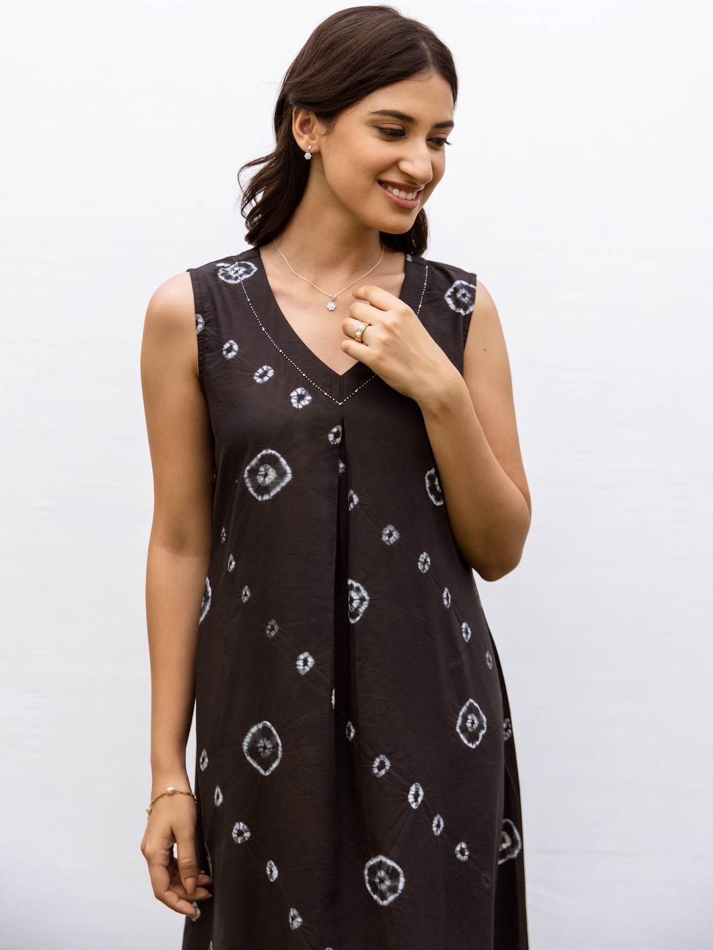 Black Bandhani Print Cotton Modal Sleeveless Dress For Women's