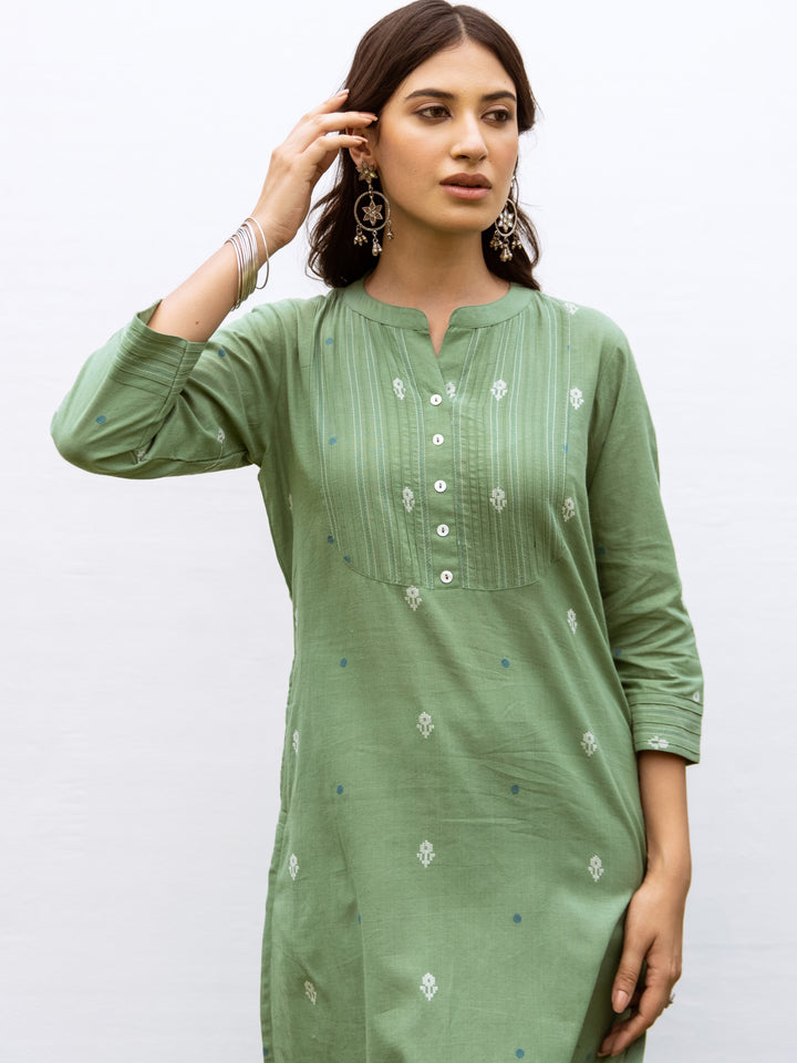 Soft Green Cotton Handloom Round Neck Kurta For Women's