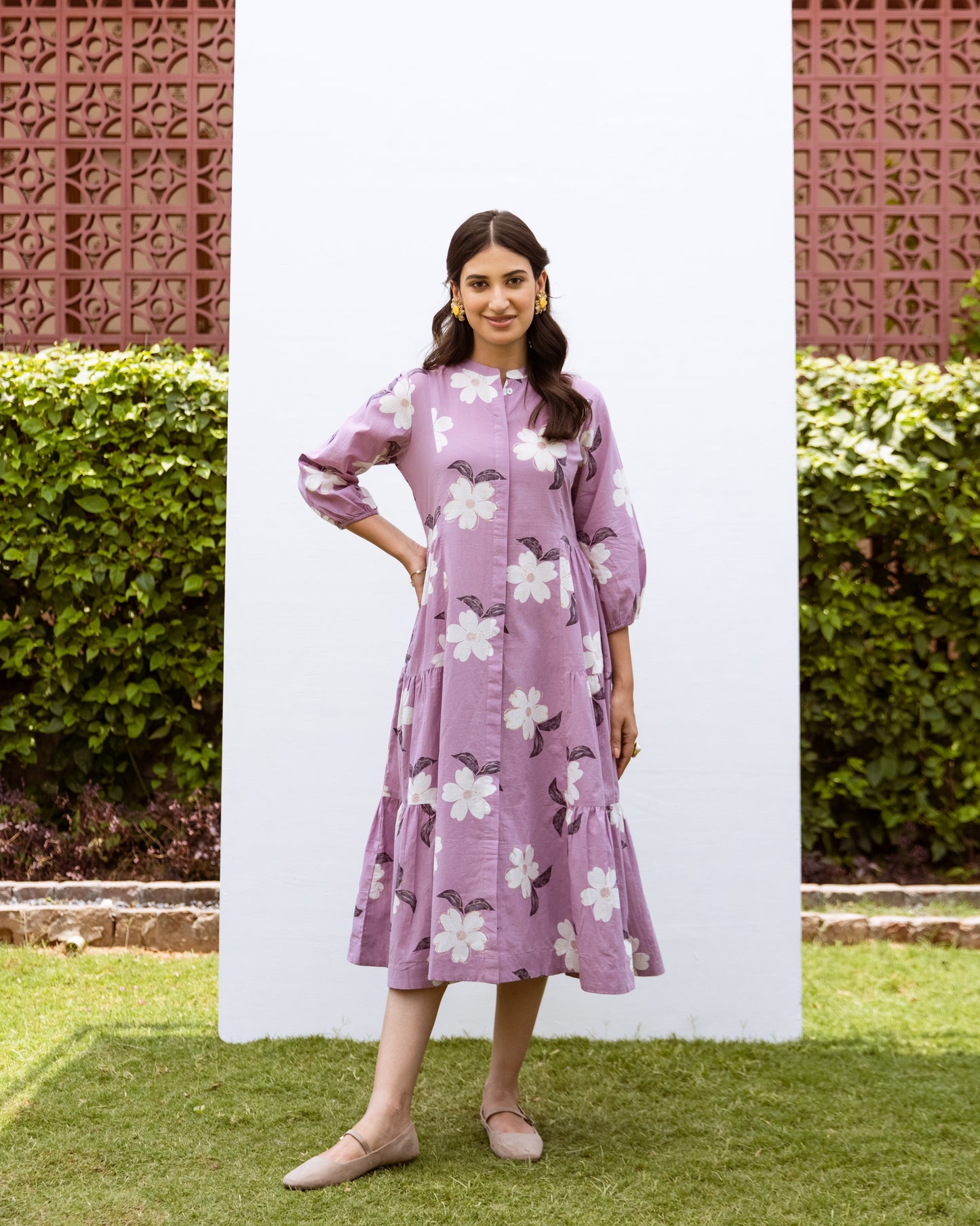 Lavender Cotton Collar Floral Print Dress For Women's