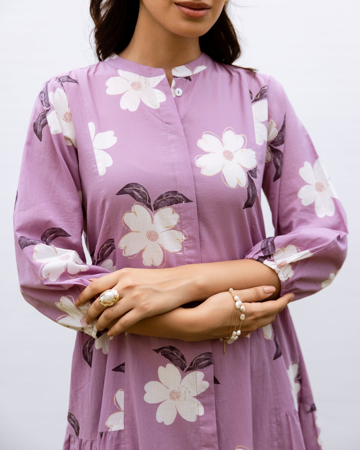 Lavender Cotton Collar Floral Print Dress For Women's