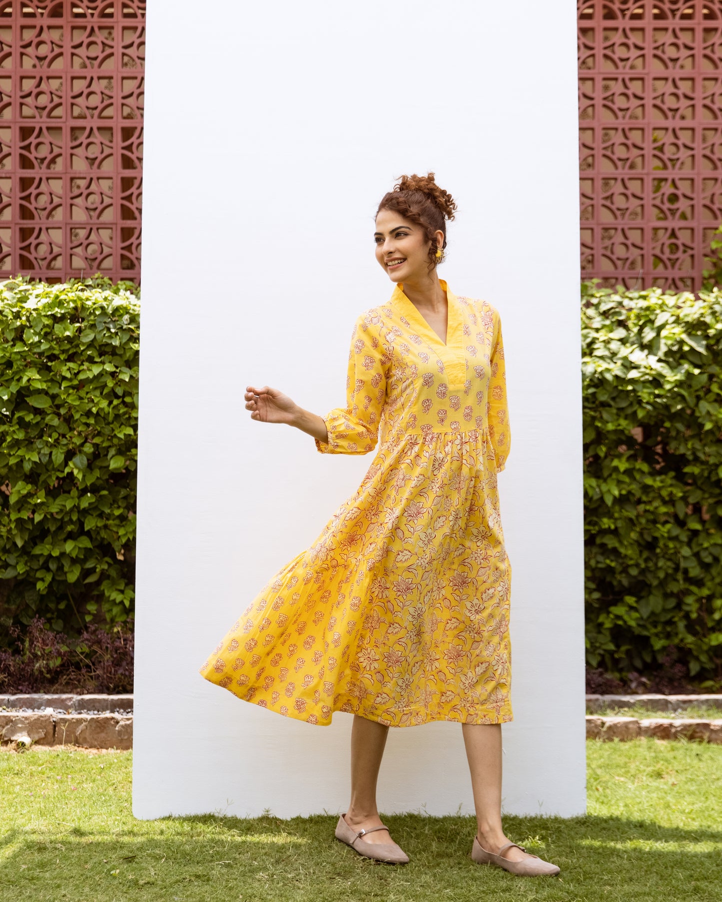 Yellow Cotton Floral Print V-Neck Dress