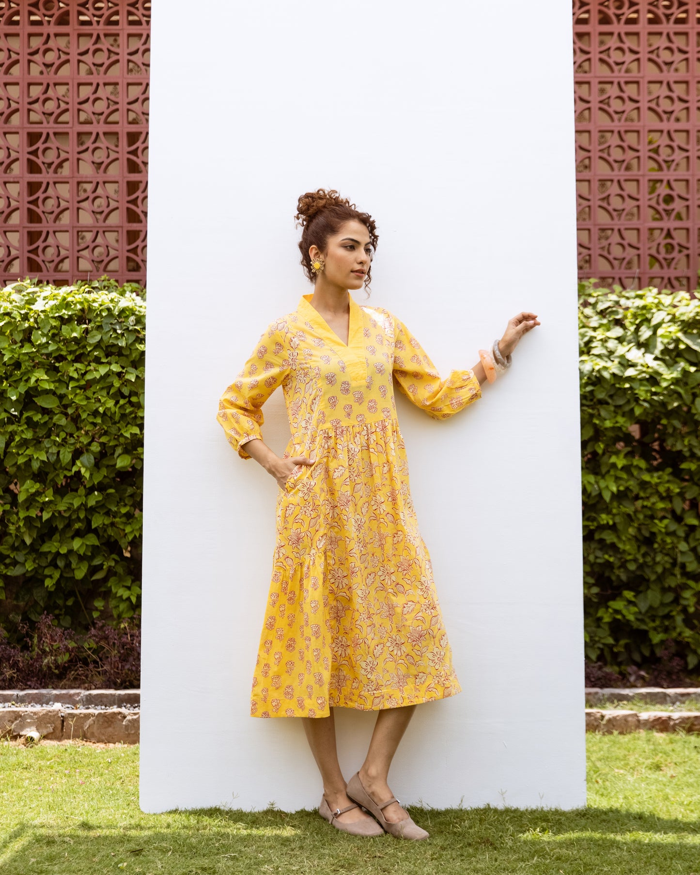 Yellow Cotton Floral Print V-Neck Dress