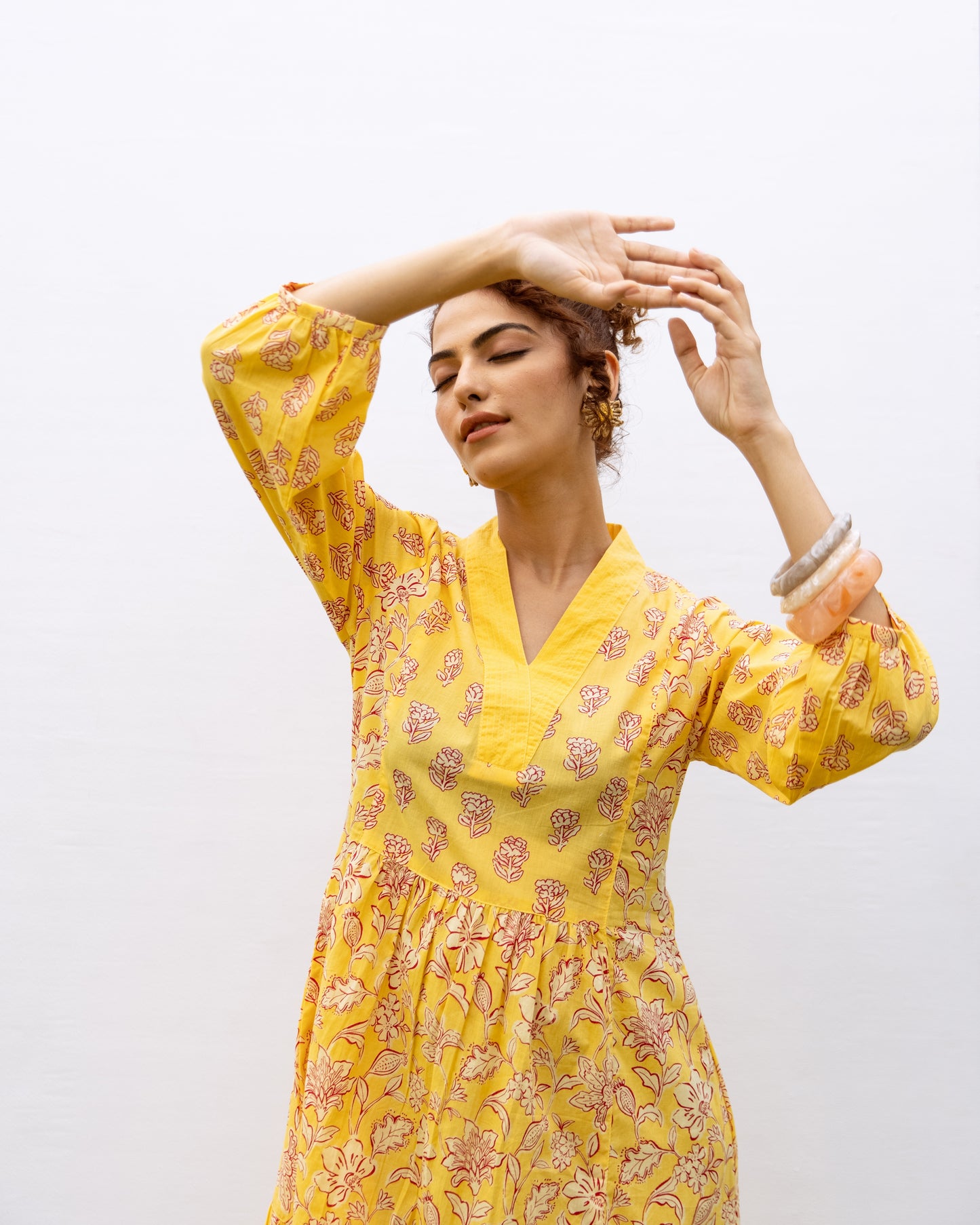Yellow Cotton Floral Print V-Neck Dress