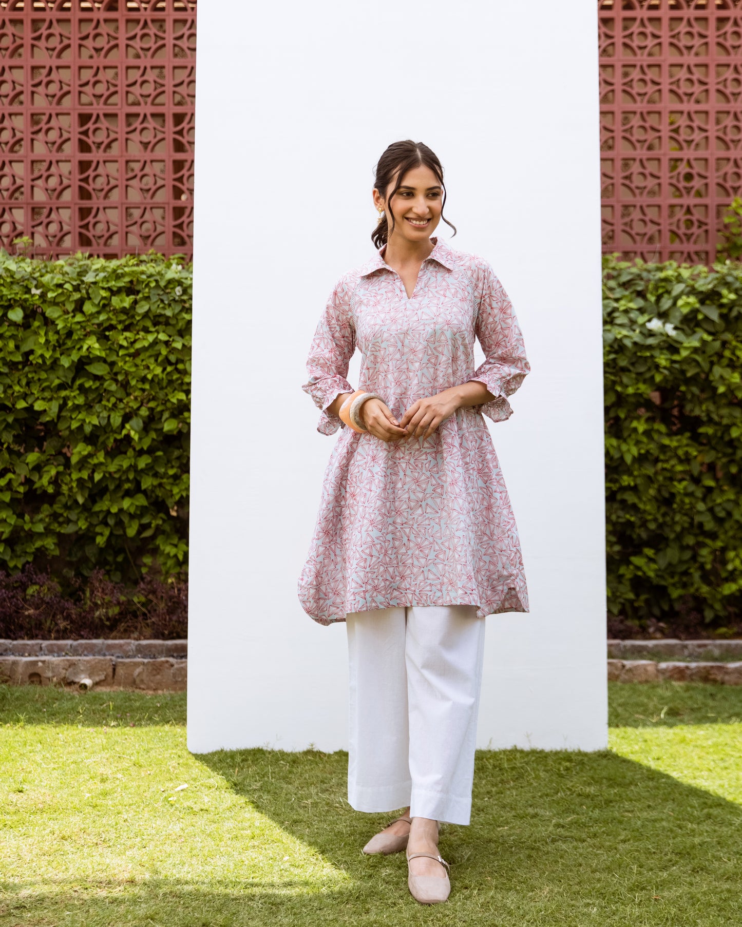 Powder Blue With Red Cotton V Neck Line With Collar Short Kurta