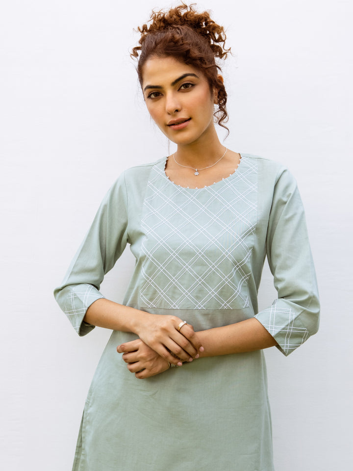Pastel Green Cotton Linen Round Neck Kurta With Pant Set For Women's
