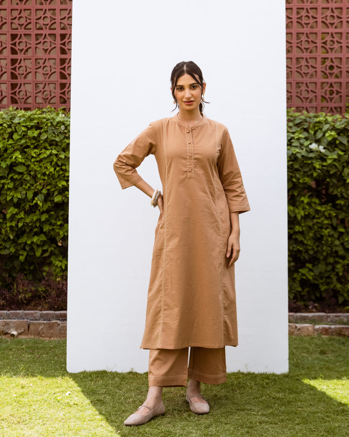 Mud Brown Linen Kurta Pant Set For Women's